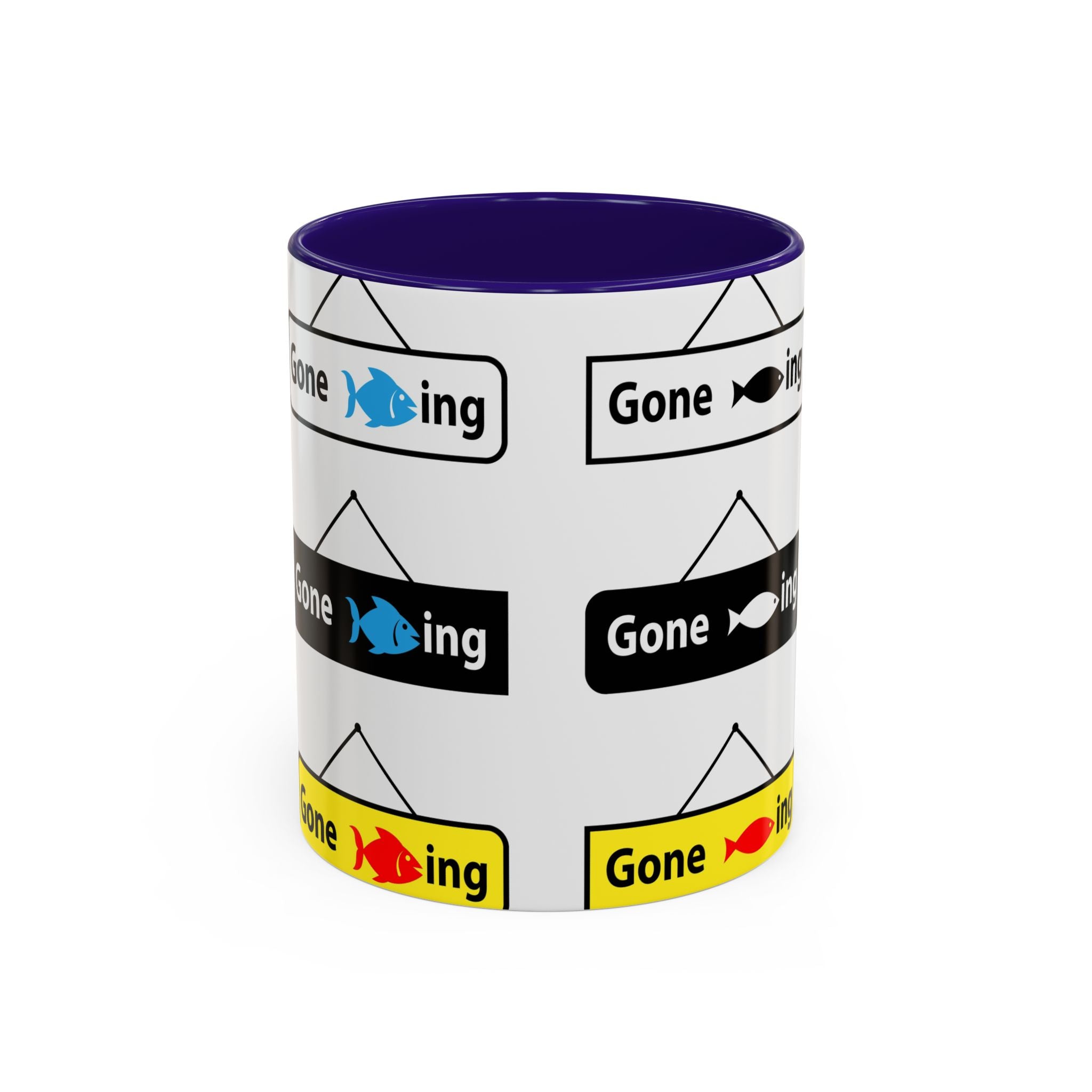 Gone Fishing Mug | Colorful Fish Sign Repeat Pattern, 11oz 15oz