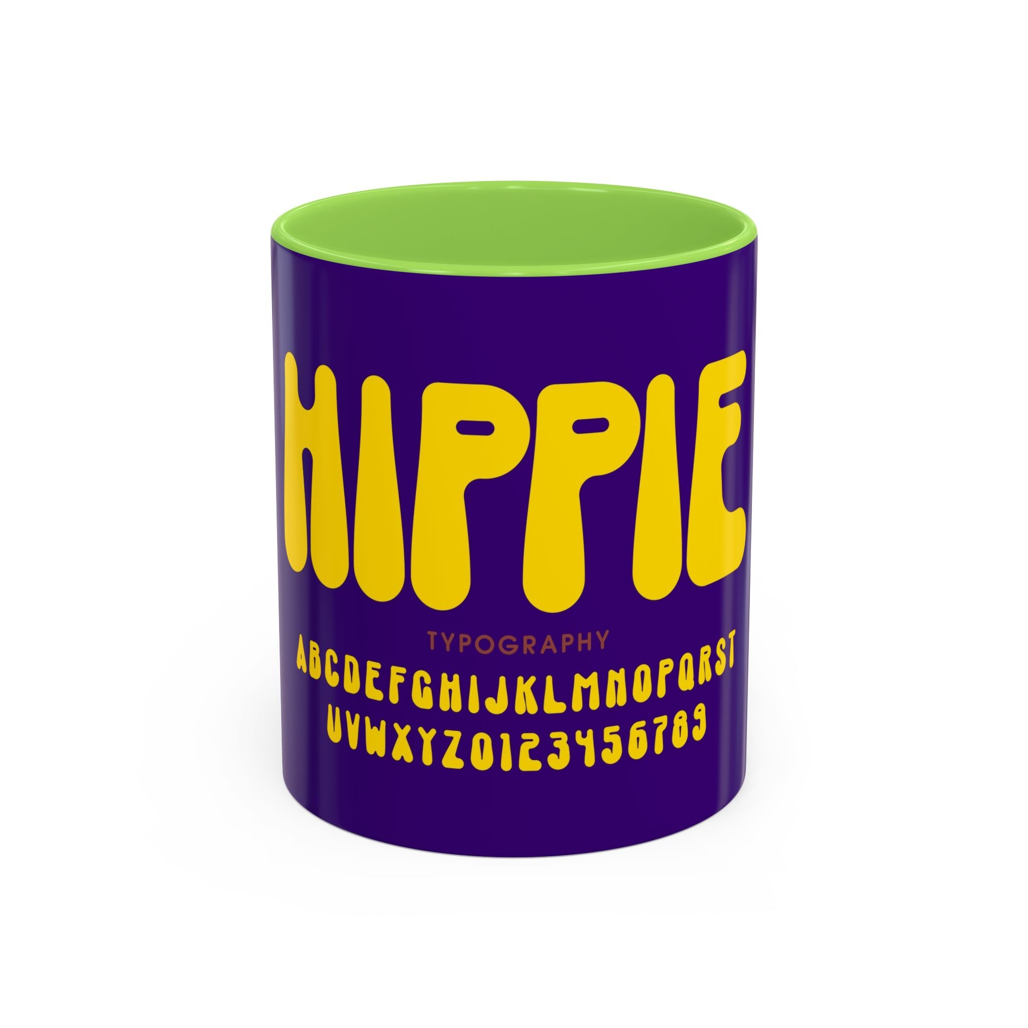 Hippie Typography Mug | Retro 70s Bubble Letters, Purple Yellow 11oz 15oz