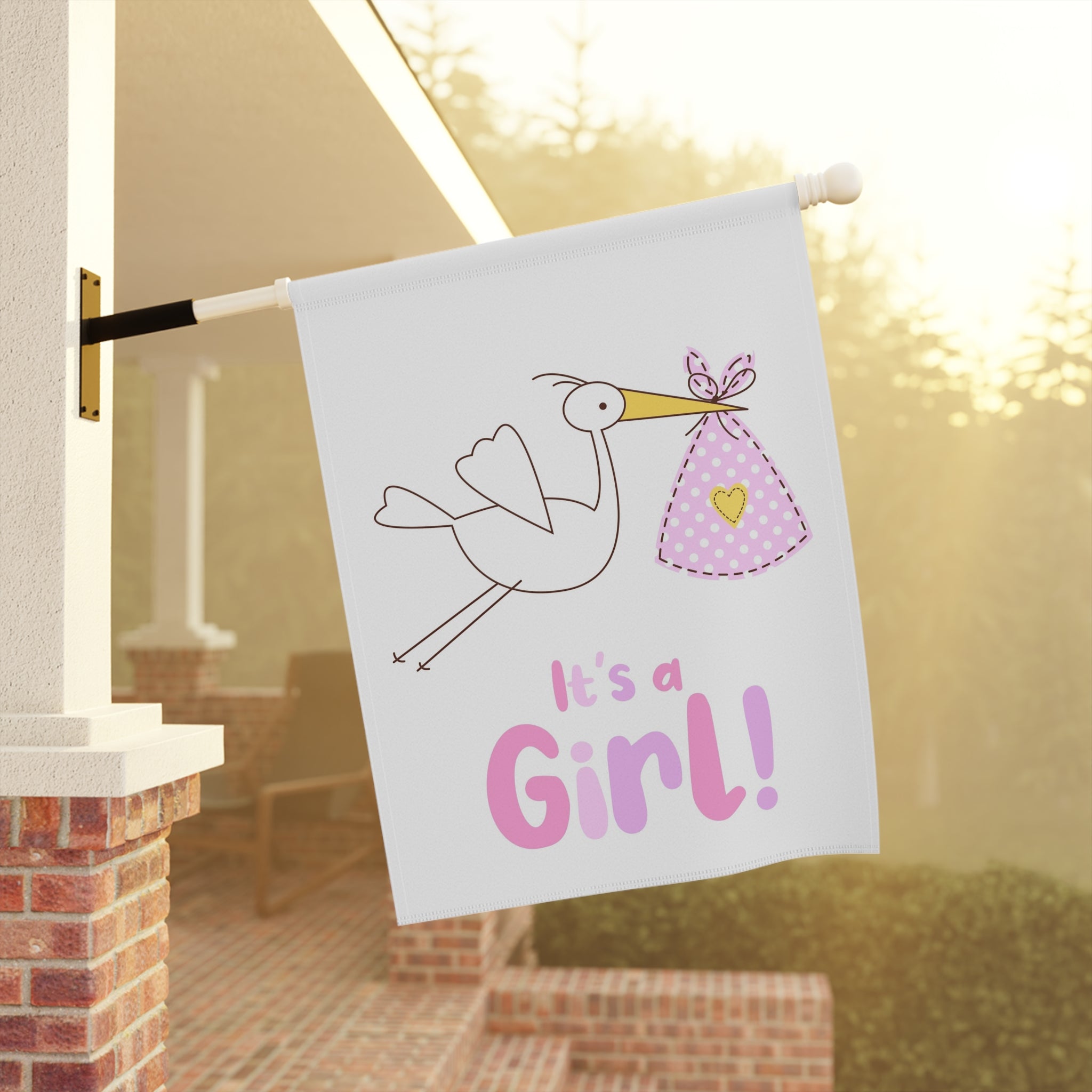 Stork with Pink Bundle It's a Girl! Garden Flag | House Banner