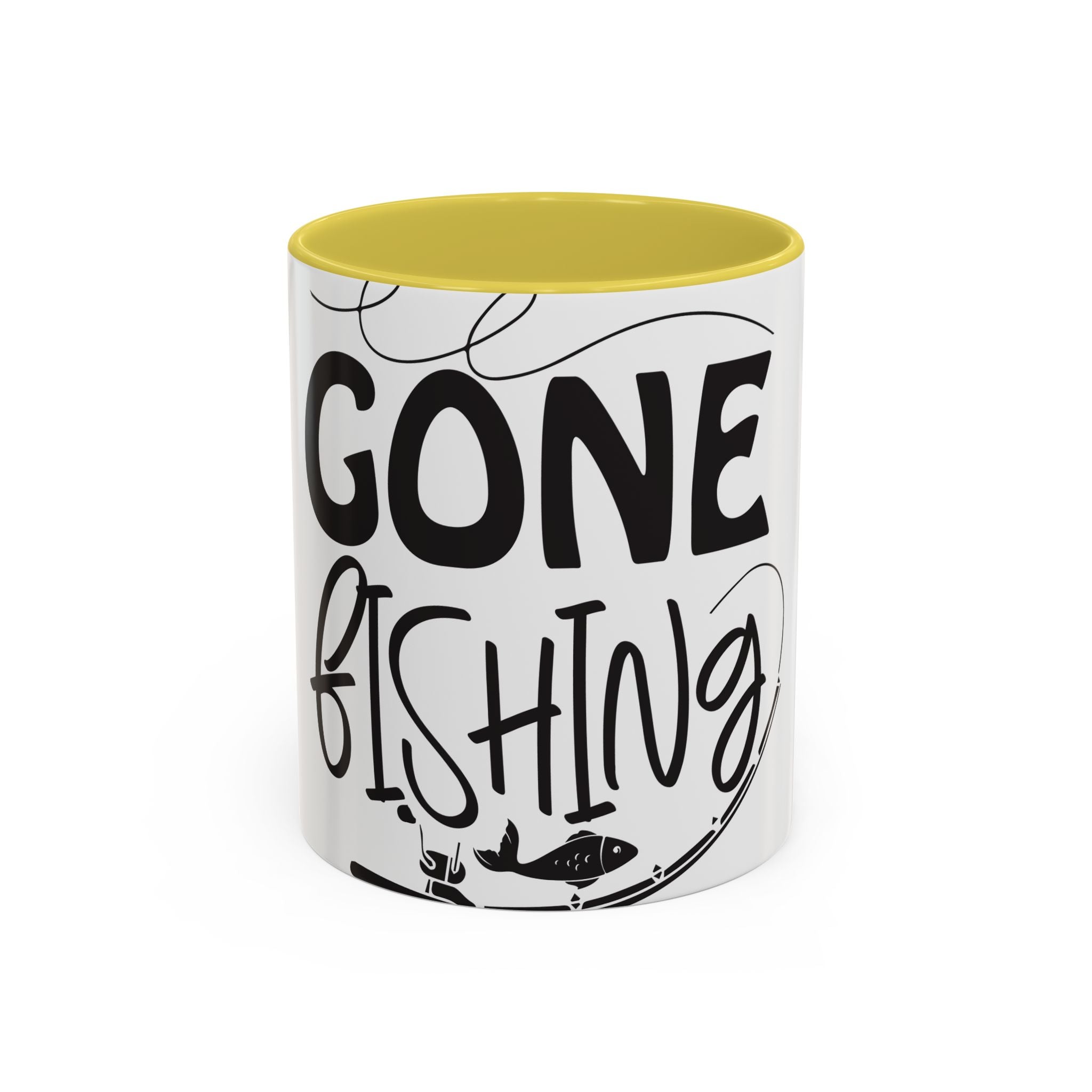 Gone Fishing mug | Fishing typography coffee mug, black handle and rim