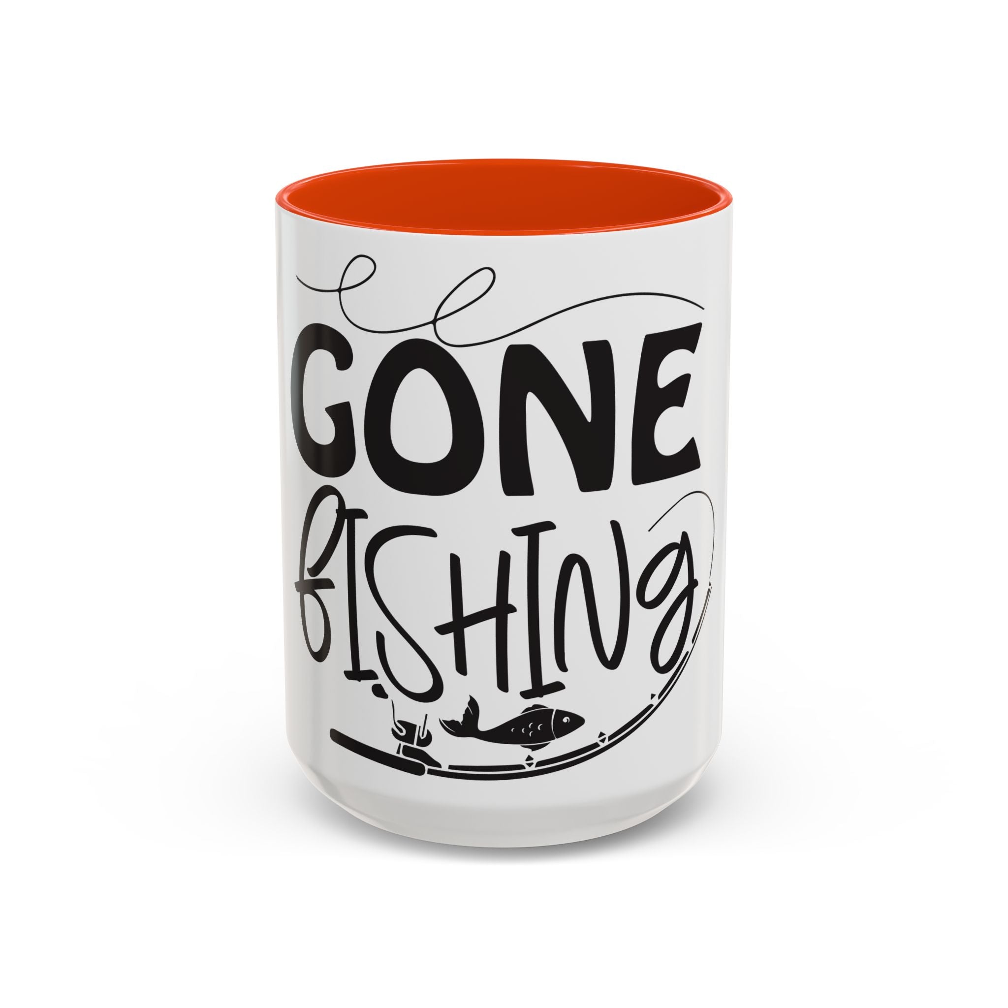 Gone Fishing mug | Fishing typography coffee mug, black handle and rim