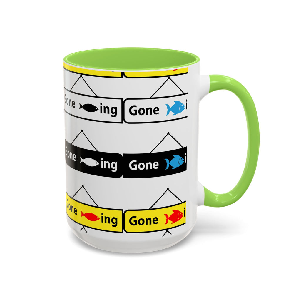 Gone Fishing Mug | Colorful Fish Sign Repeat Pattern, 11oz 15oz