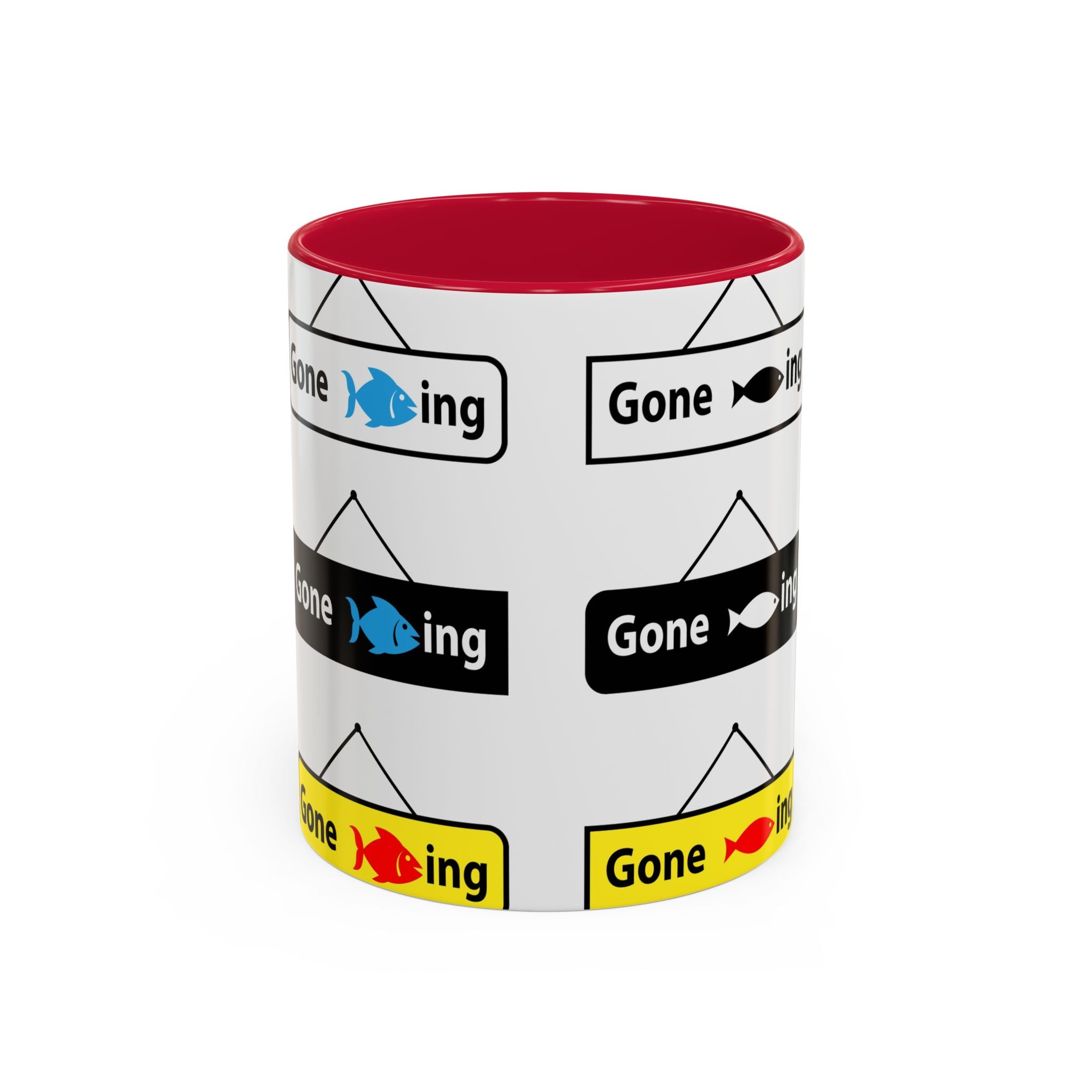 Gone Fishing Mug | Colorful Fish Sign Repeat Pattern, 11oz 15oz