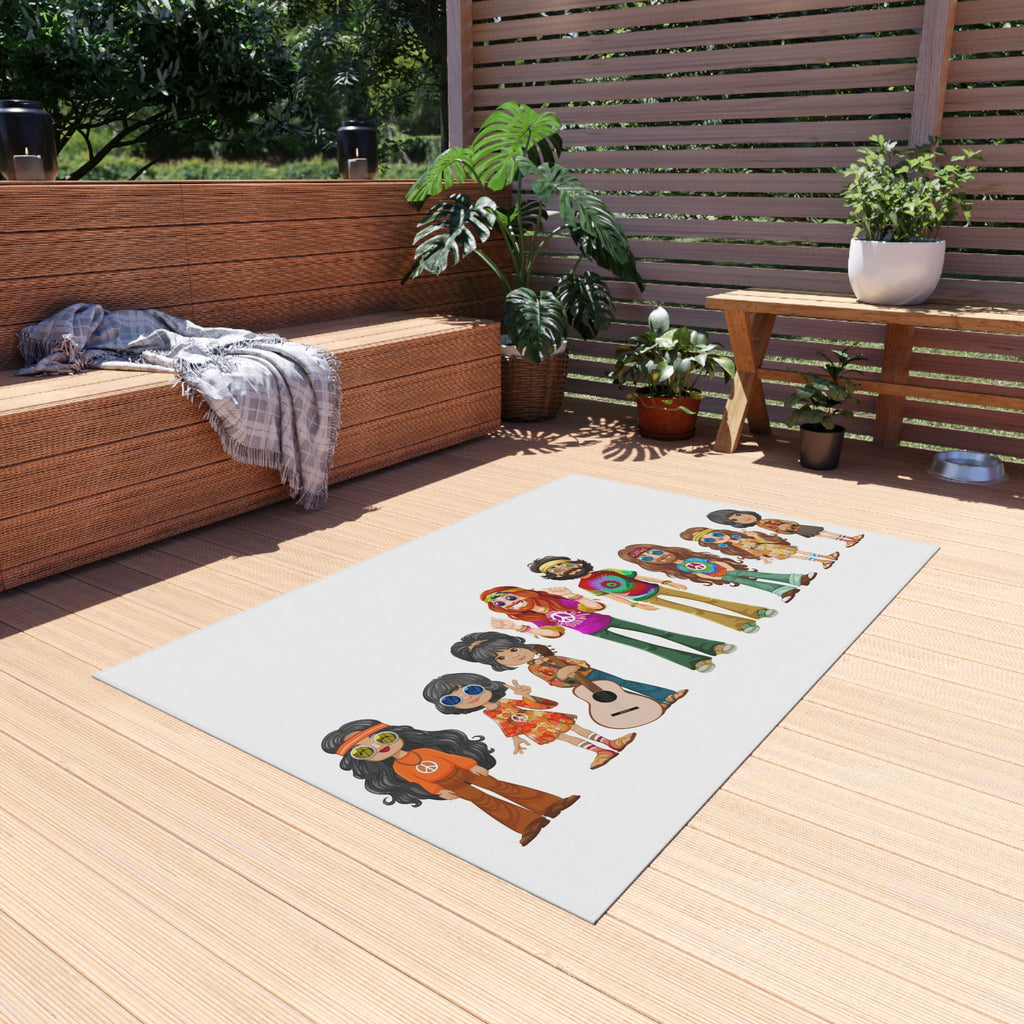 Retro Hippie Family Crew Outdoor Rug | Boho Music Festival Characters