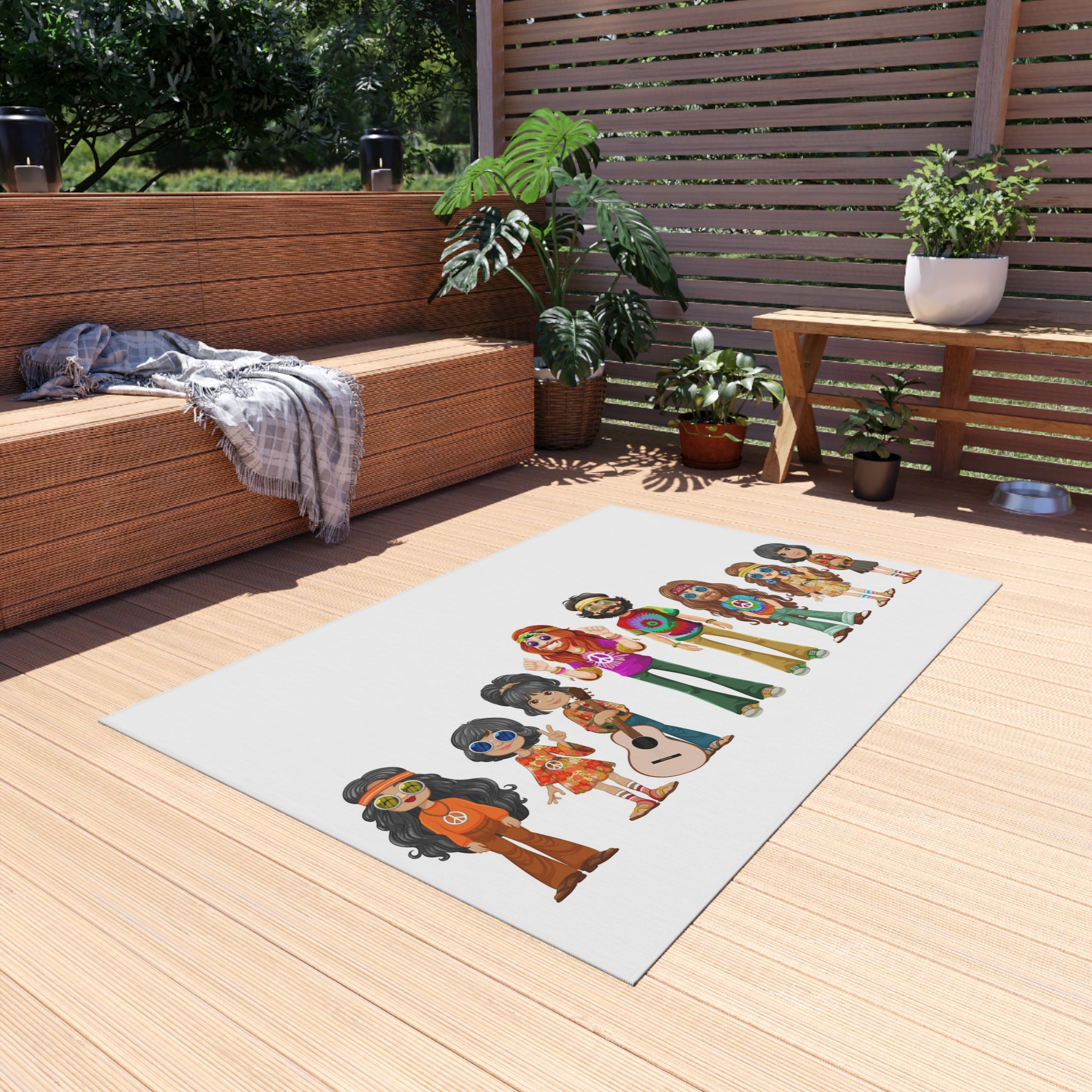 Retro Hippie Family Crew Outdoor Rug | Boho Music Festival Characters