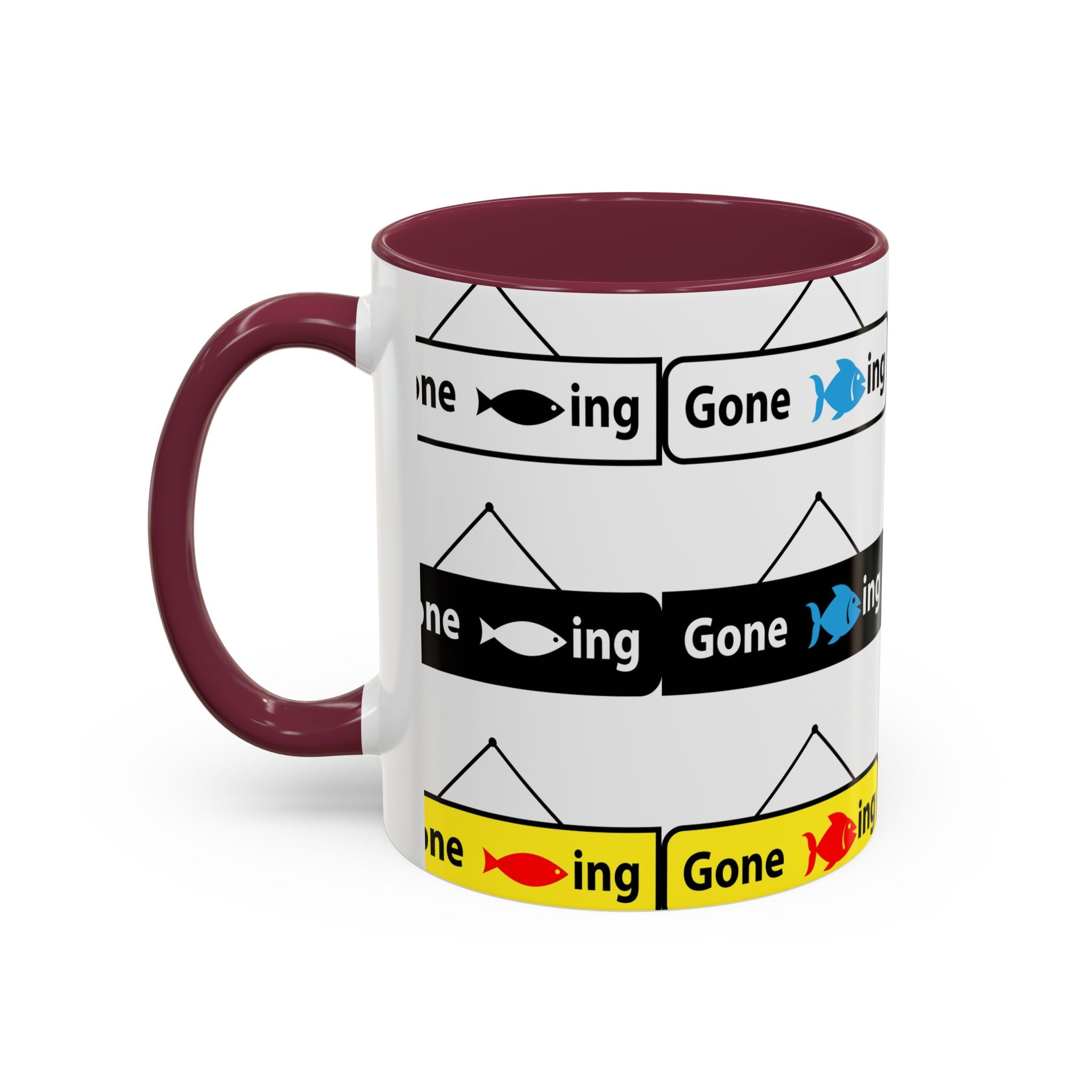 Gone Fishing Mug | Colorful Fish Sign Repeat Pattern, 11oz 15oz