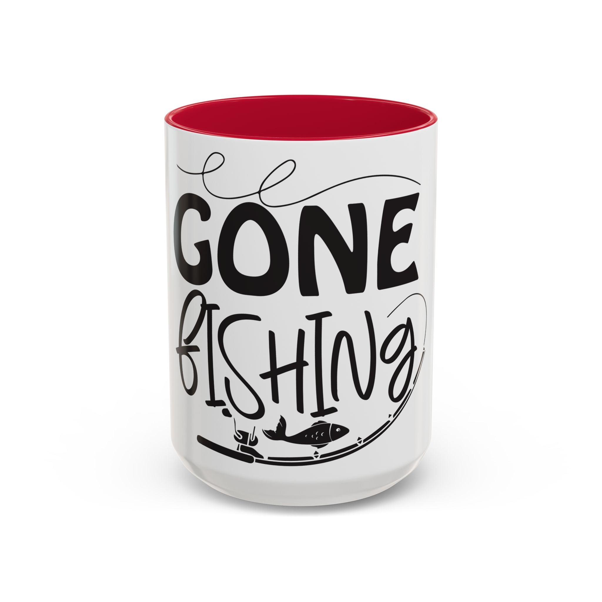Gone Fishing mug | Fishing typography coffee mug, black handle and rim