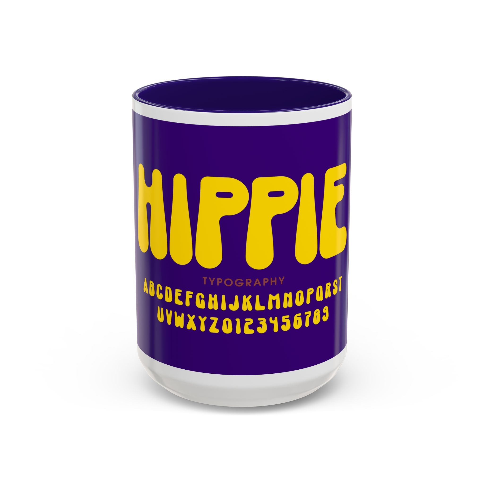 Hippie Typography Mug | Retro 70s Bubble Letters, Purple Yellow 11oz 15oz