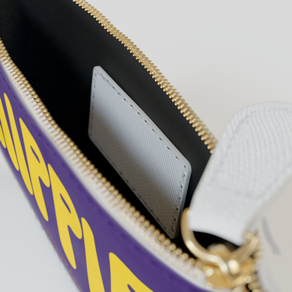 Hippie Typography Mini Clutch Bag | Retro Yellow Letters on Purple