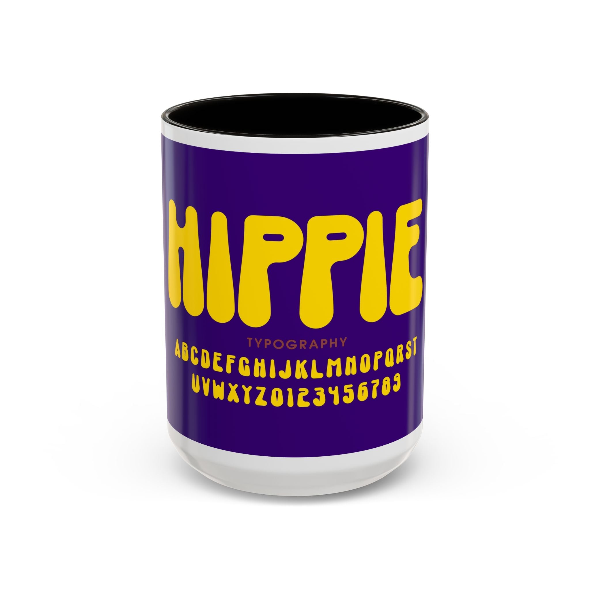 Hippie Typography Mug | Retro 70s Bubble Letters, Purple Yellow 11oz 15oz