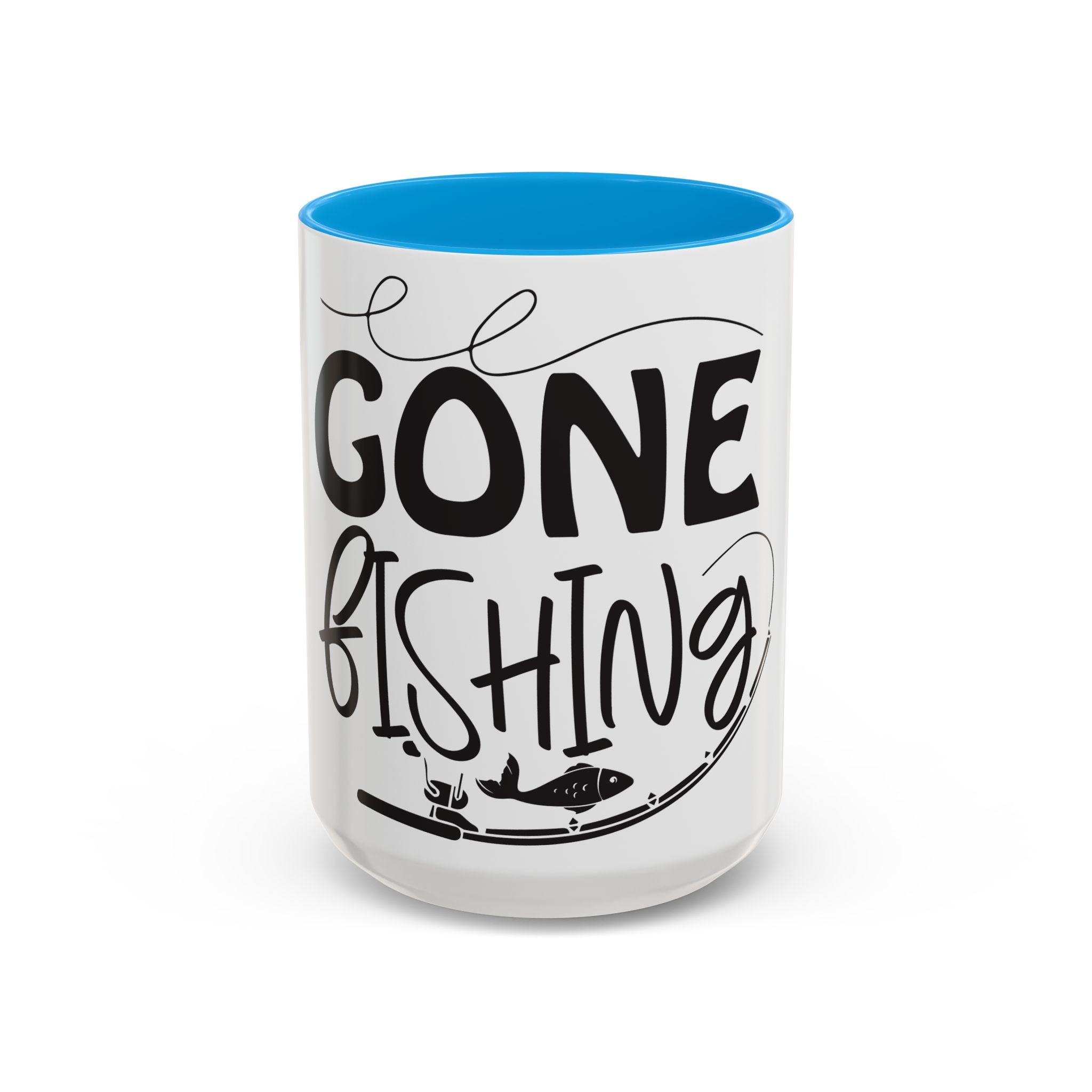 Gone Fishing mug | Fishing typography coffee mug, black handle and rim