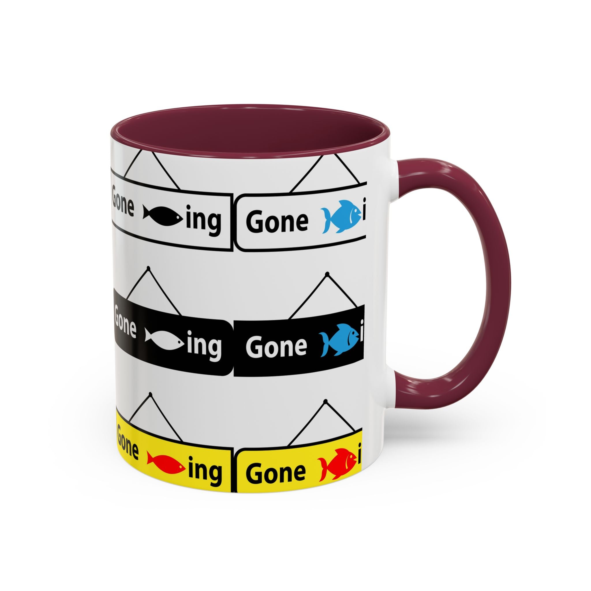 Gone Fishing Mug | Colorful Fish Sign Repeat Pattern, 11oz 15oz
