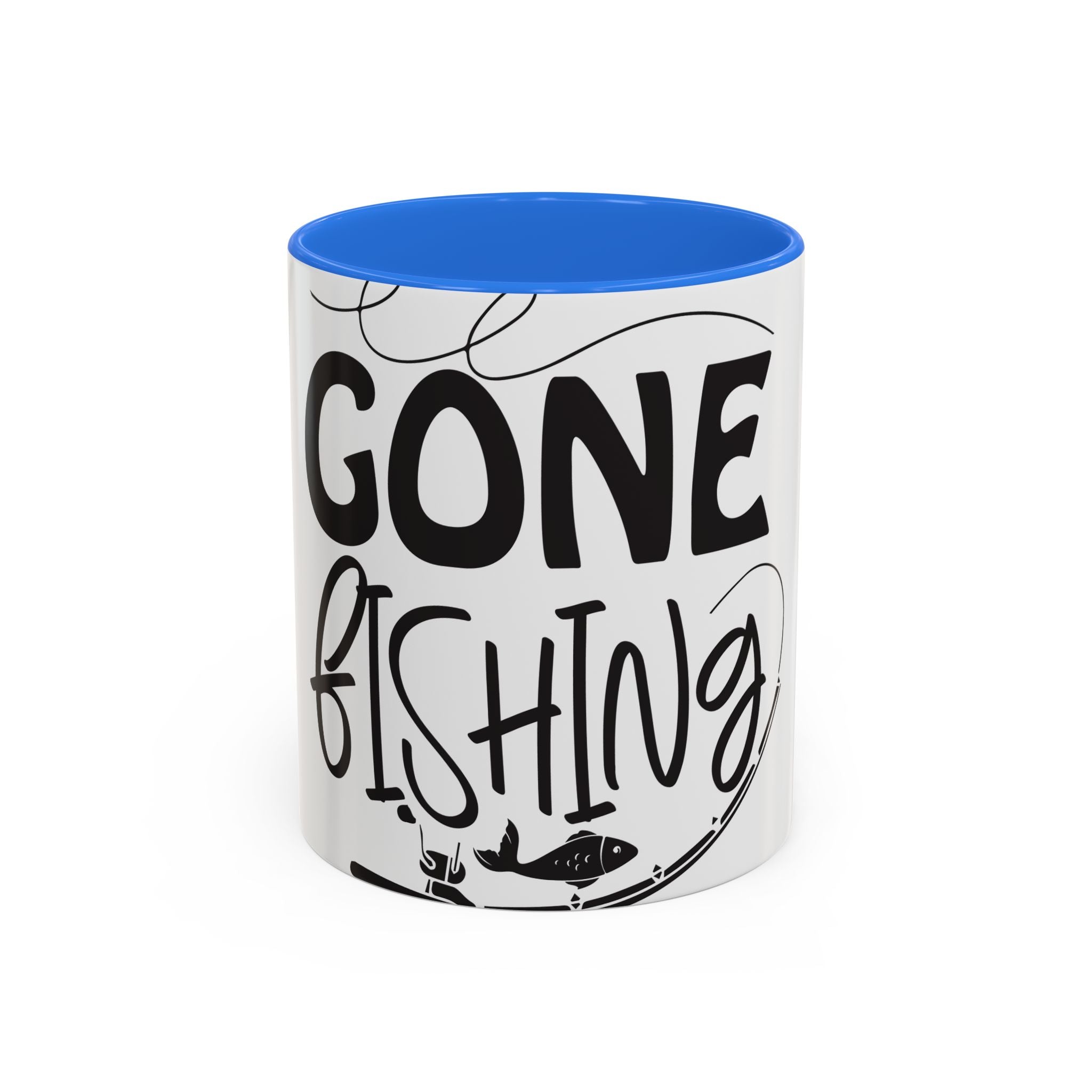 Gone Fishing mug | Fishing typography coffee mug, black handle and rim