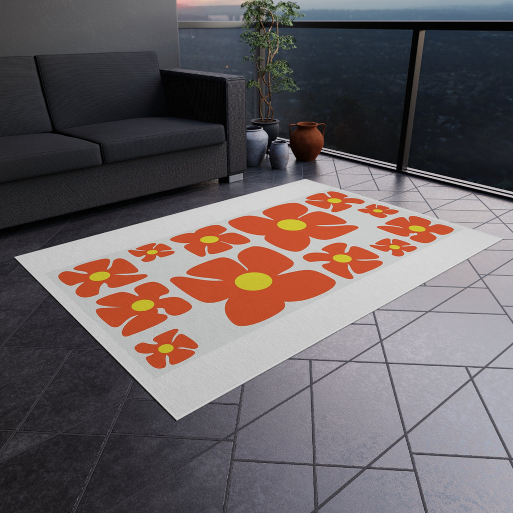 Retro Orange Flower Pattern Outdoor Rug | Mid Century Floral Patio Mat