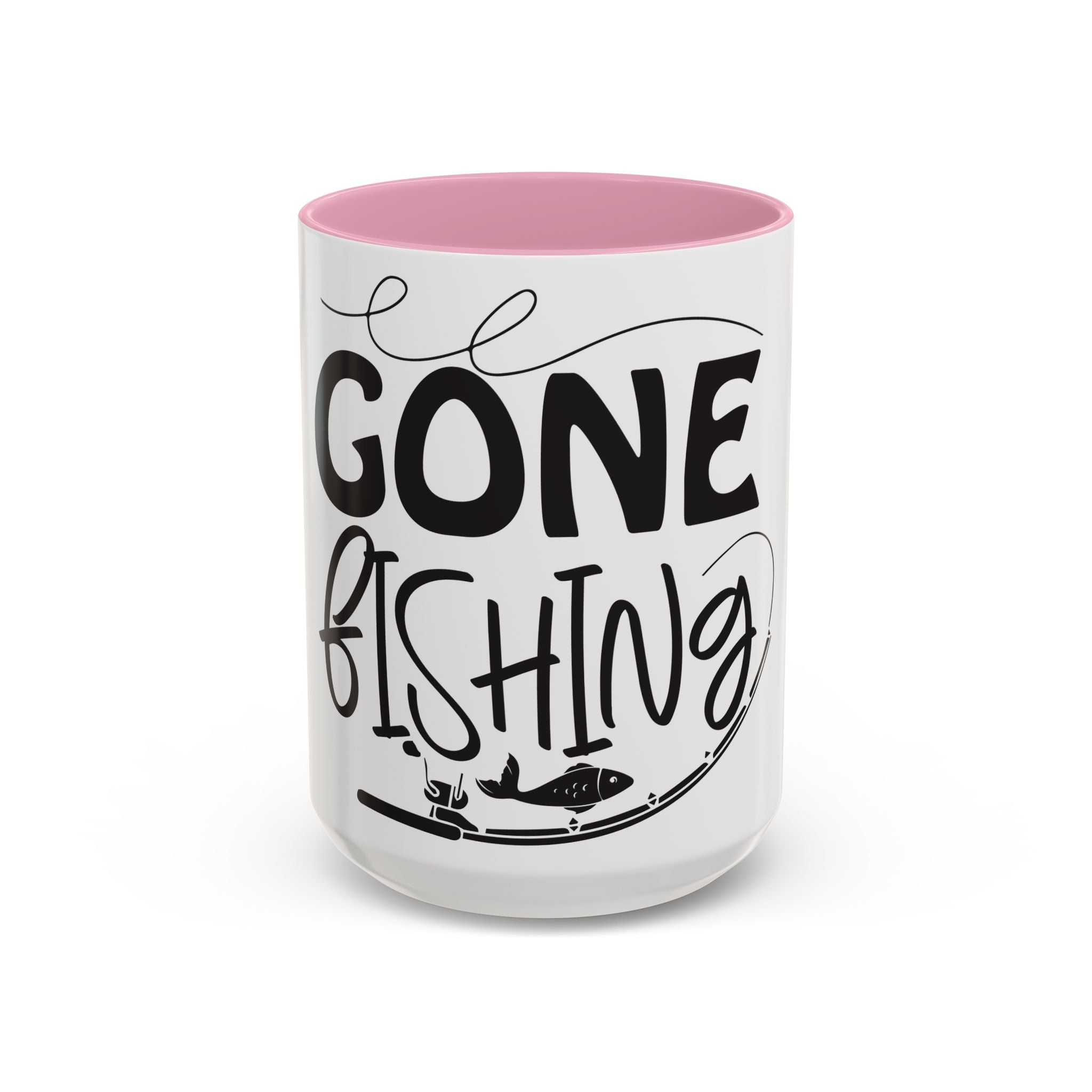 Gone Fishing mug | Fishing typography coffee mug, black handle and rim