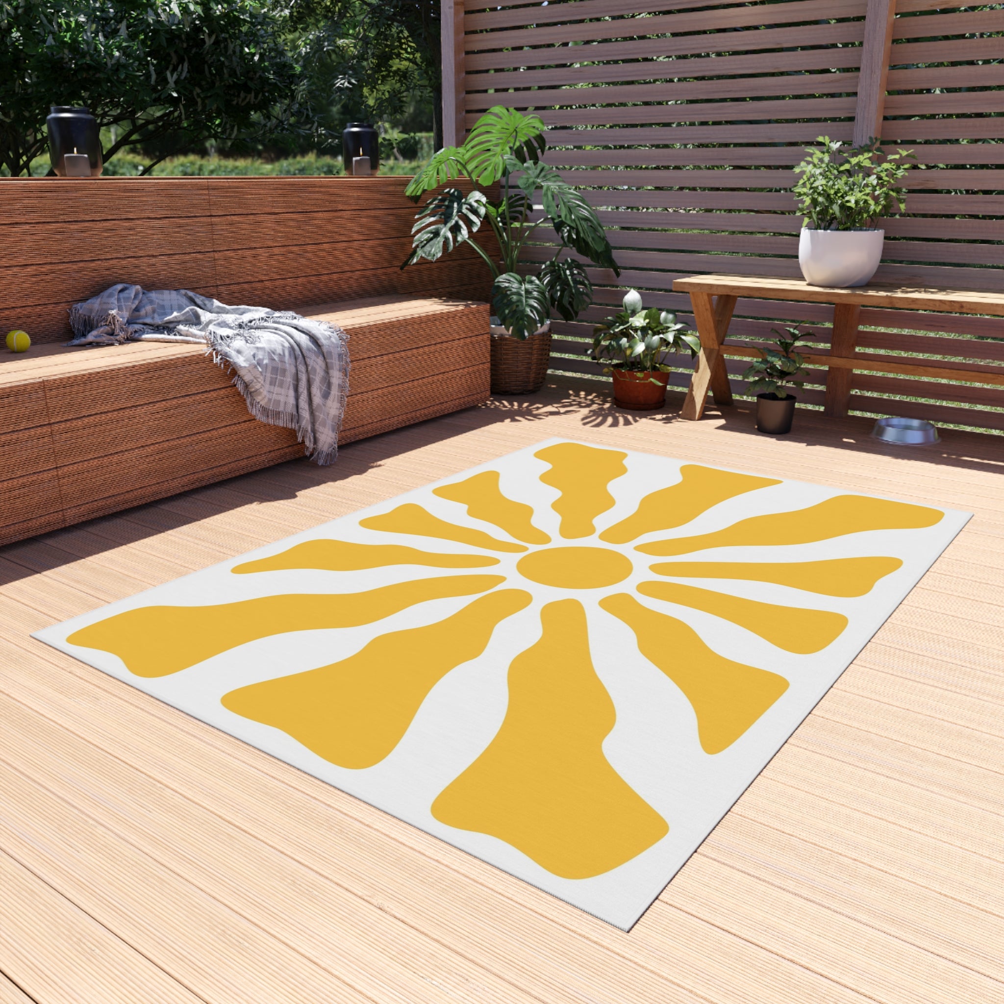 Yellow Sunburst Outdoor Rug | Retro Radiant Sun Pattern Patio Mat
