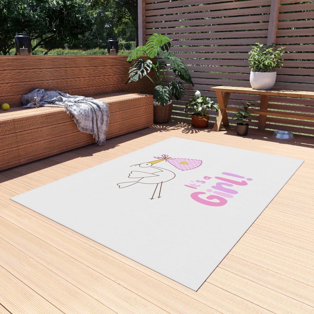 Stork with Bundle It's a Girl Outdoor Rug | Baby Shower Nursery Decor