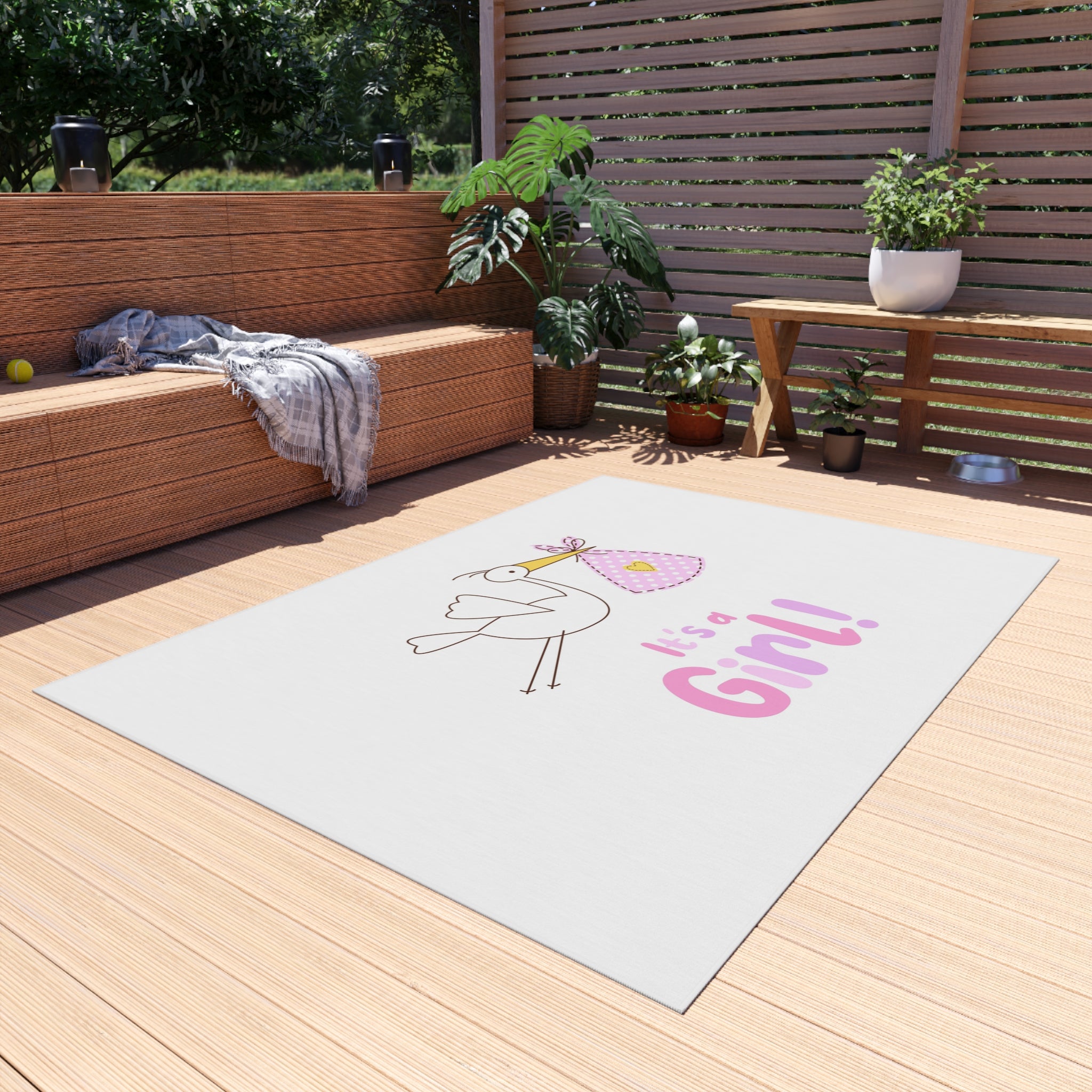 Stork with Bundle It's a Girl Outdoor Rug | Baby Shower Nursery Decor