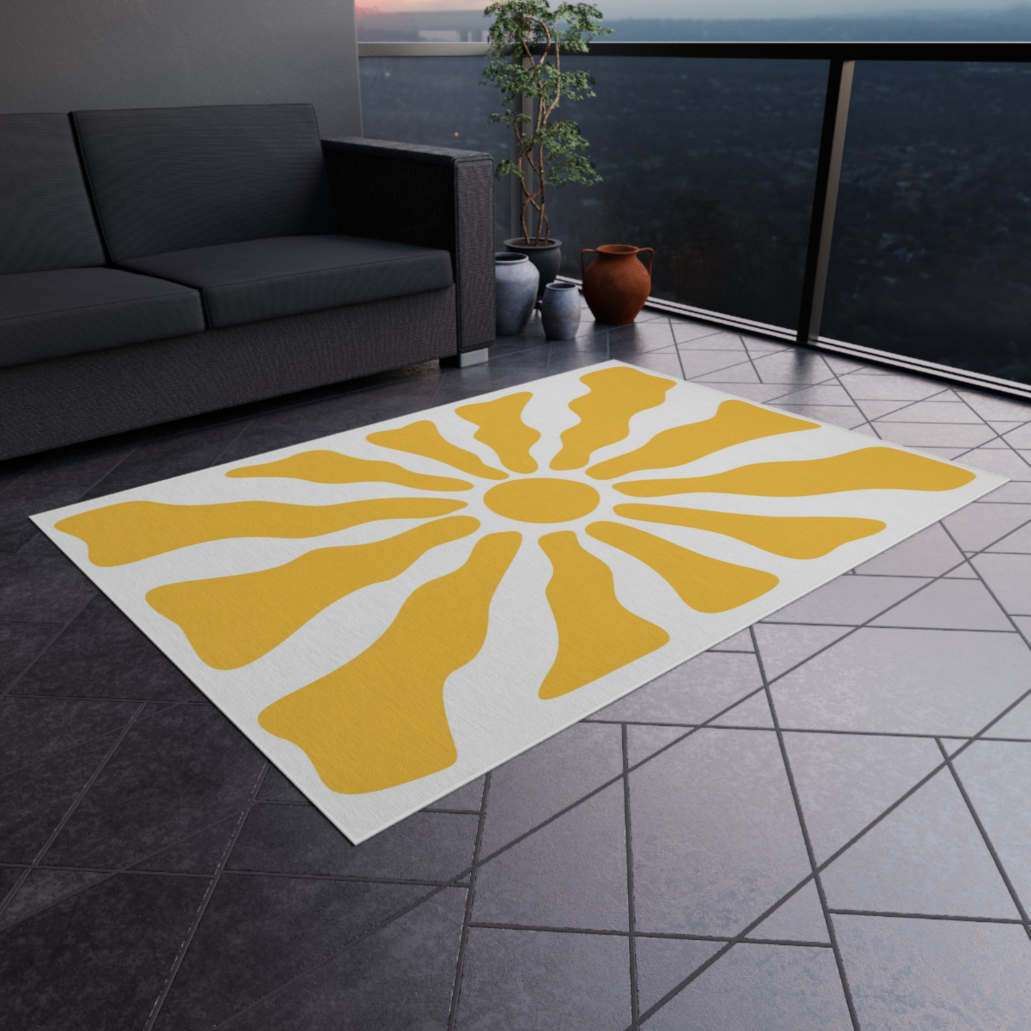 Yellow Sunburst Outdoor Rug | Retro Radiant Sun Pattern Patio Mat
