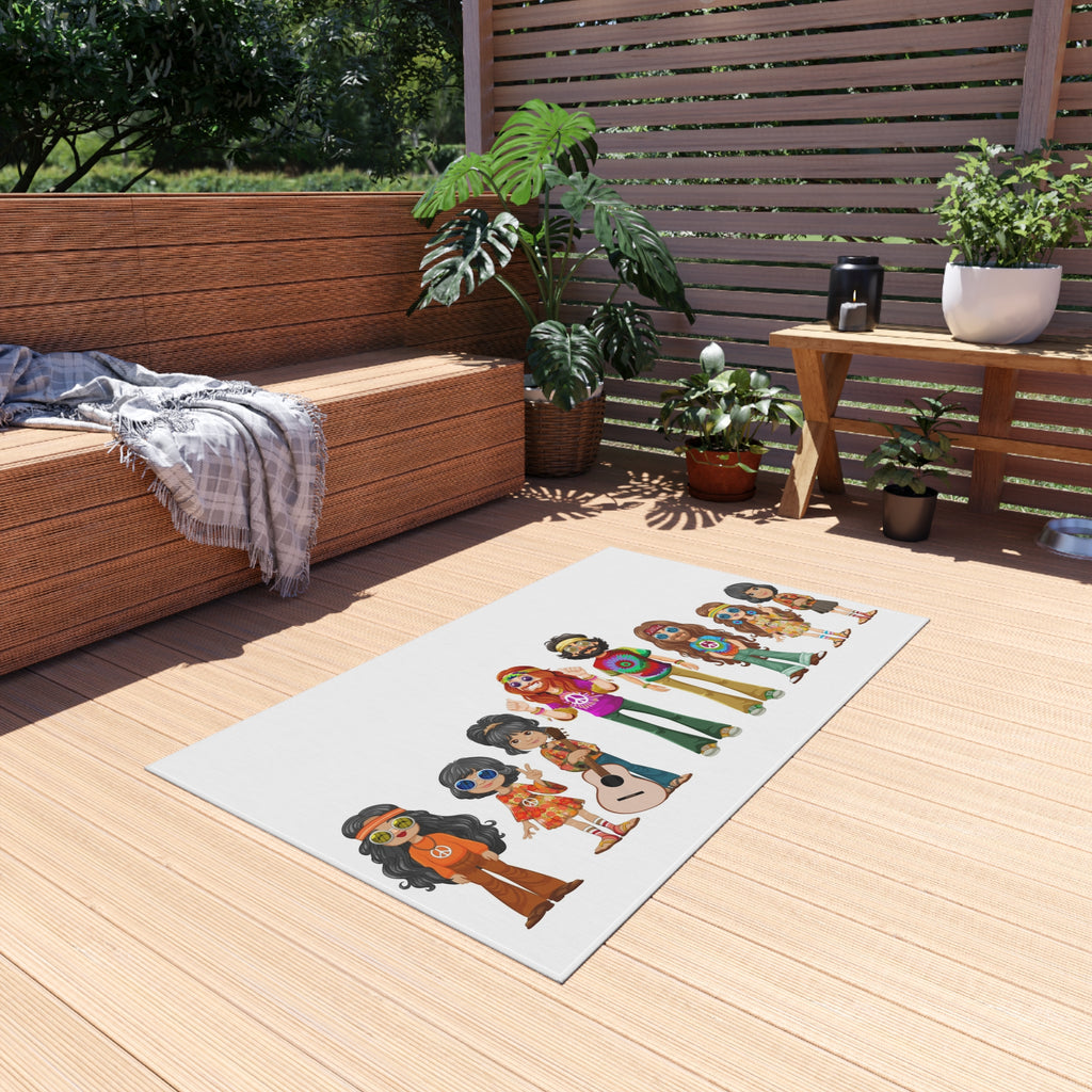 Retro Hippie Family Crew Outdoor Rug | Boho Music Festival Characters