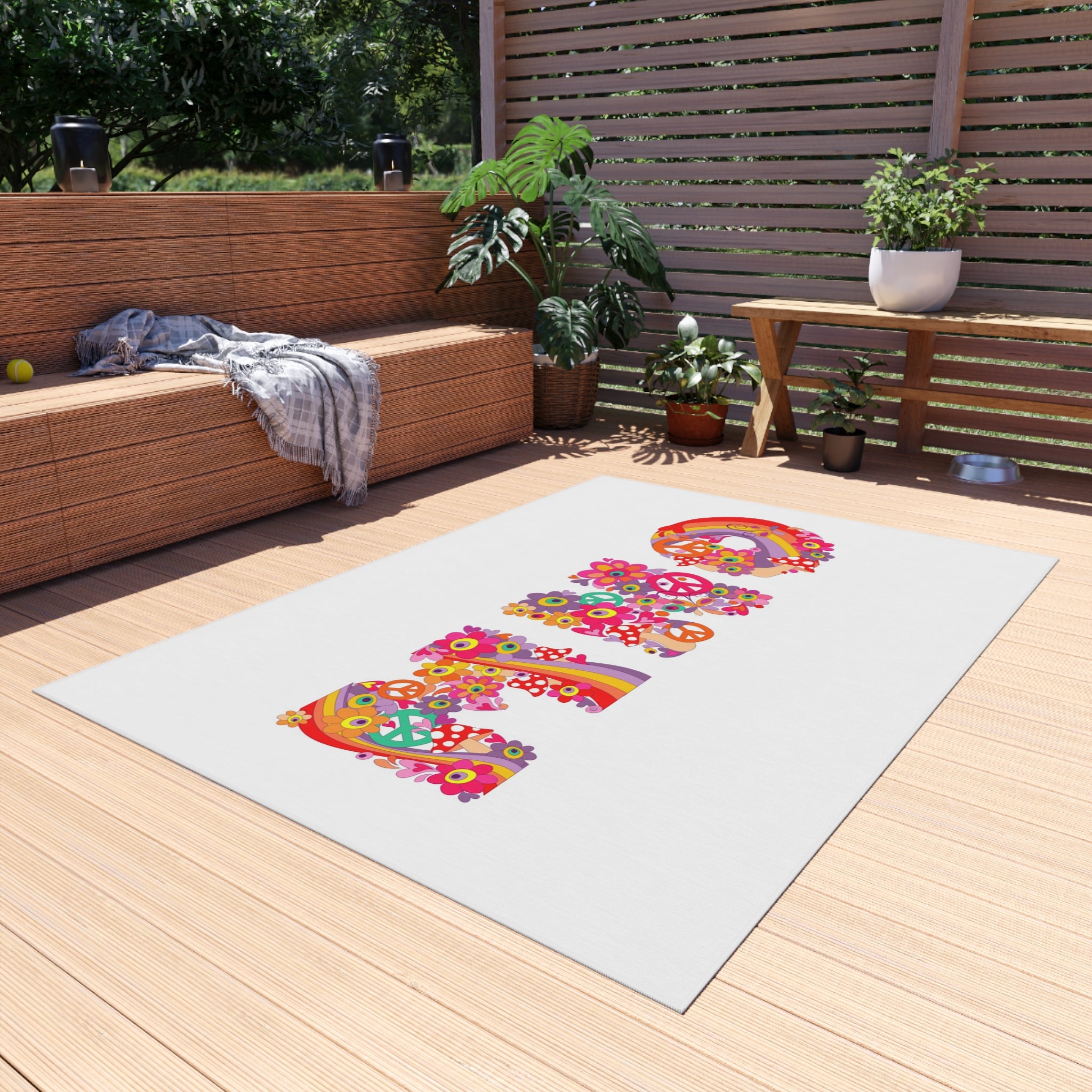 Retro Floral 'MHO' Lettering Outdoor Rug | Hippie Flower Power Doormat