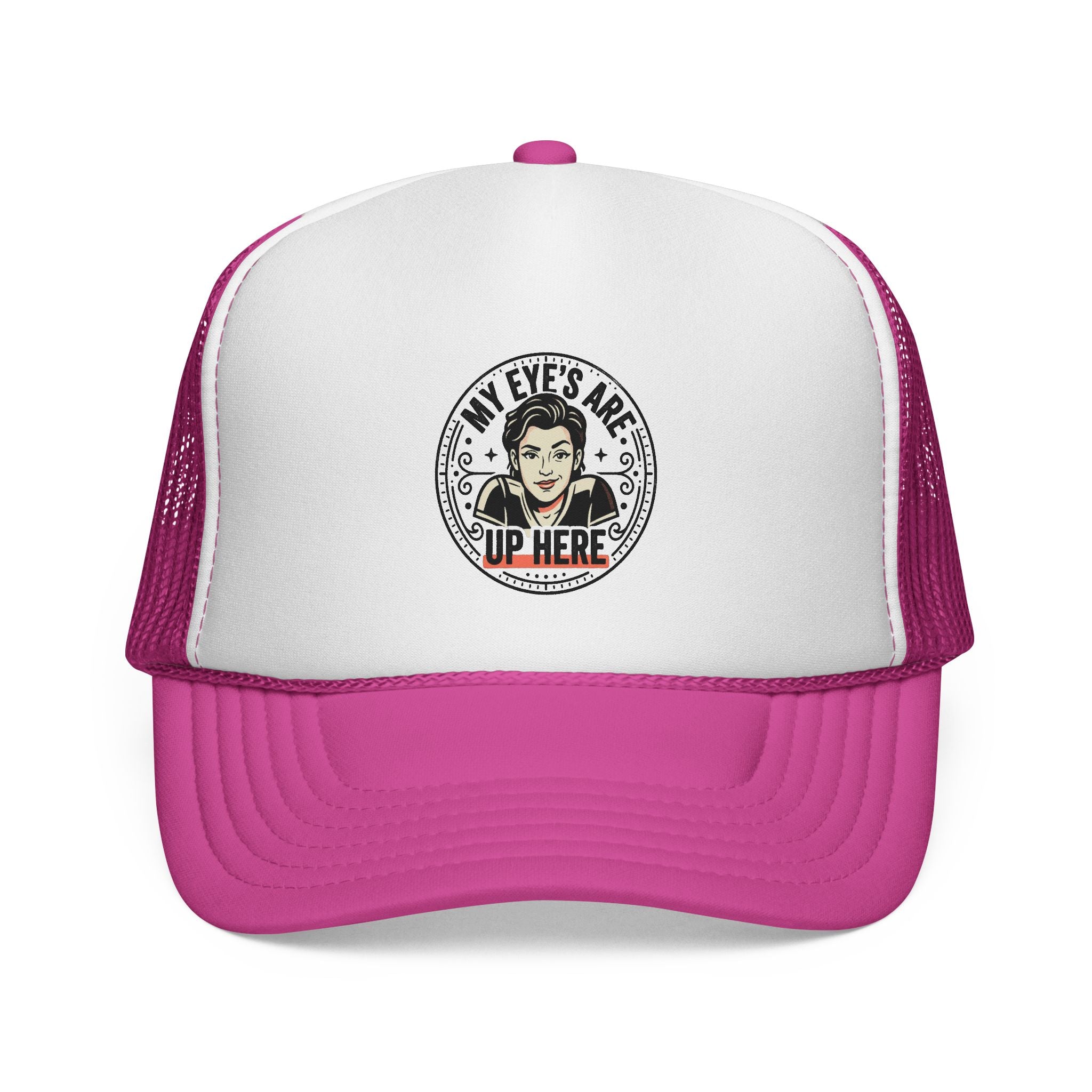 My Eyes Are Up Here Trucker Cap | Retro Woman Graphic