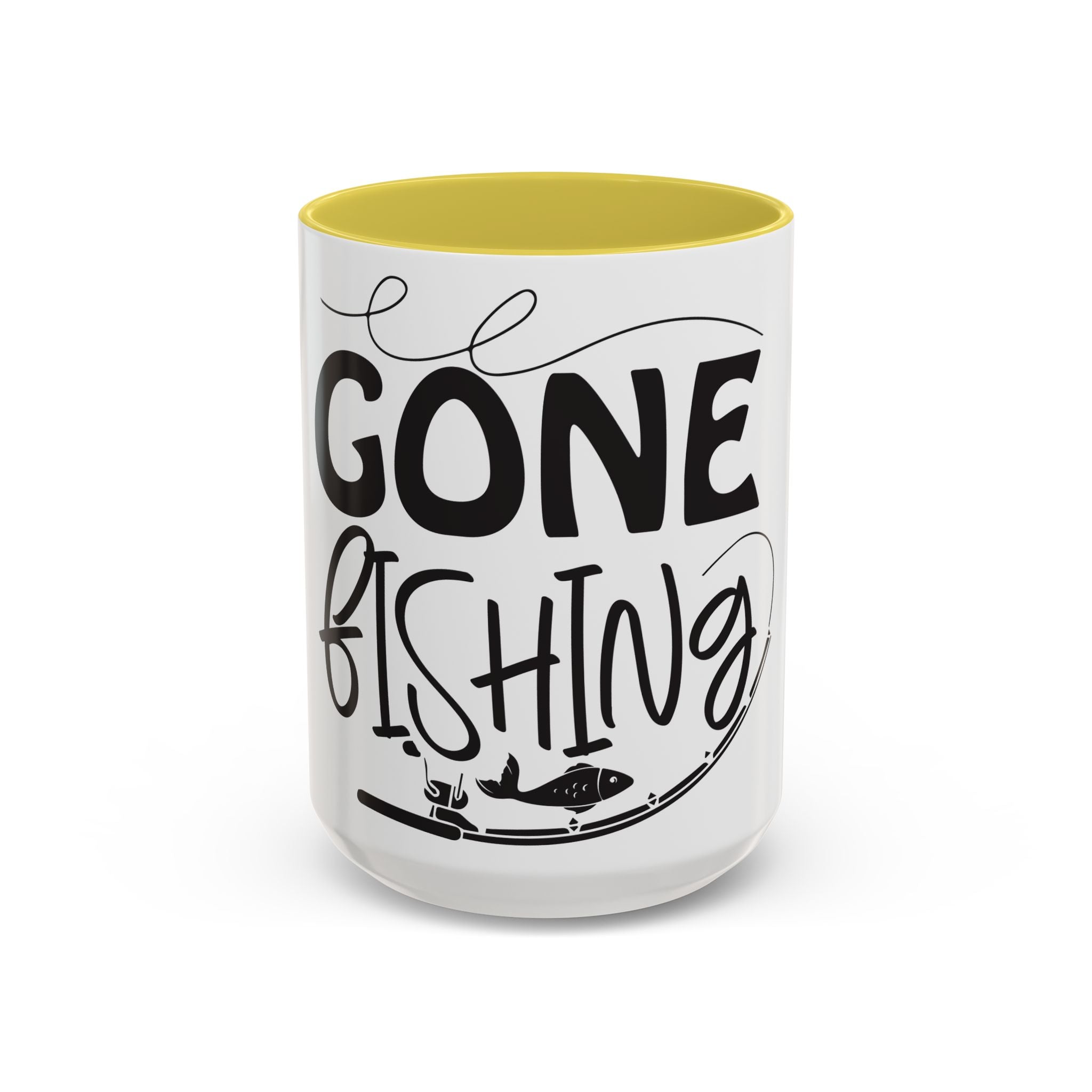 Gone Fishing mug | Fishing typography coffee mug, black handle and rim