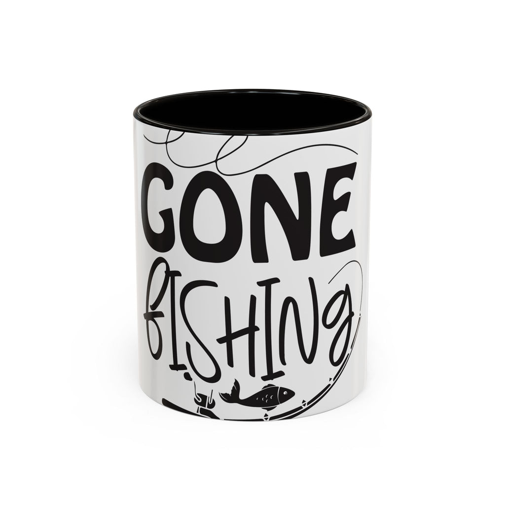 Gone Fishing mug | Fishing typography coffee mug, black handle and rim