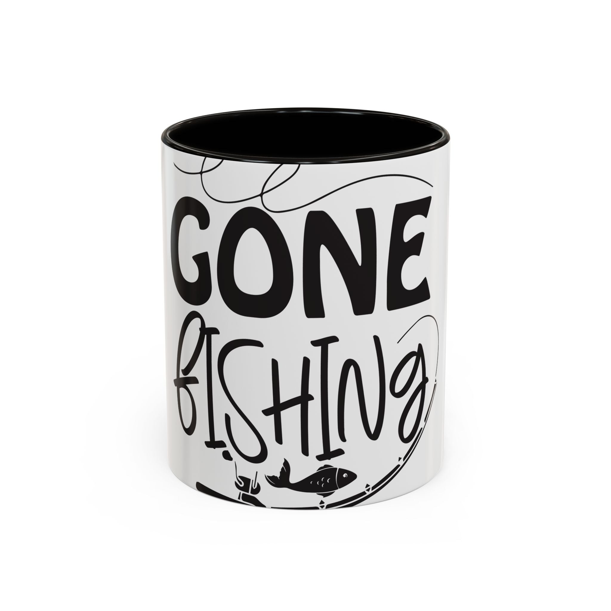 Gone Fishing mug | Fishing typography coffee mug, black handle and rim