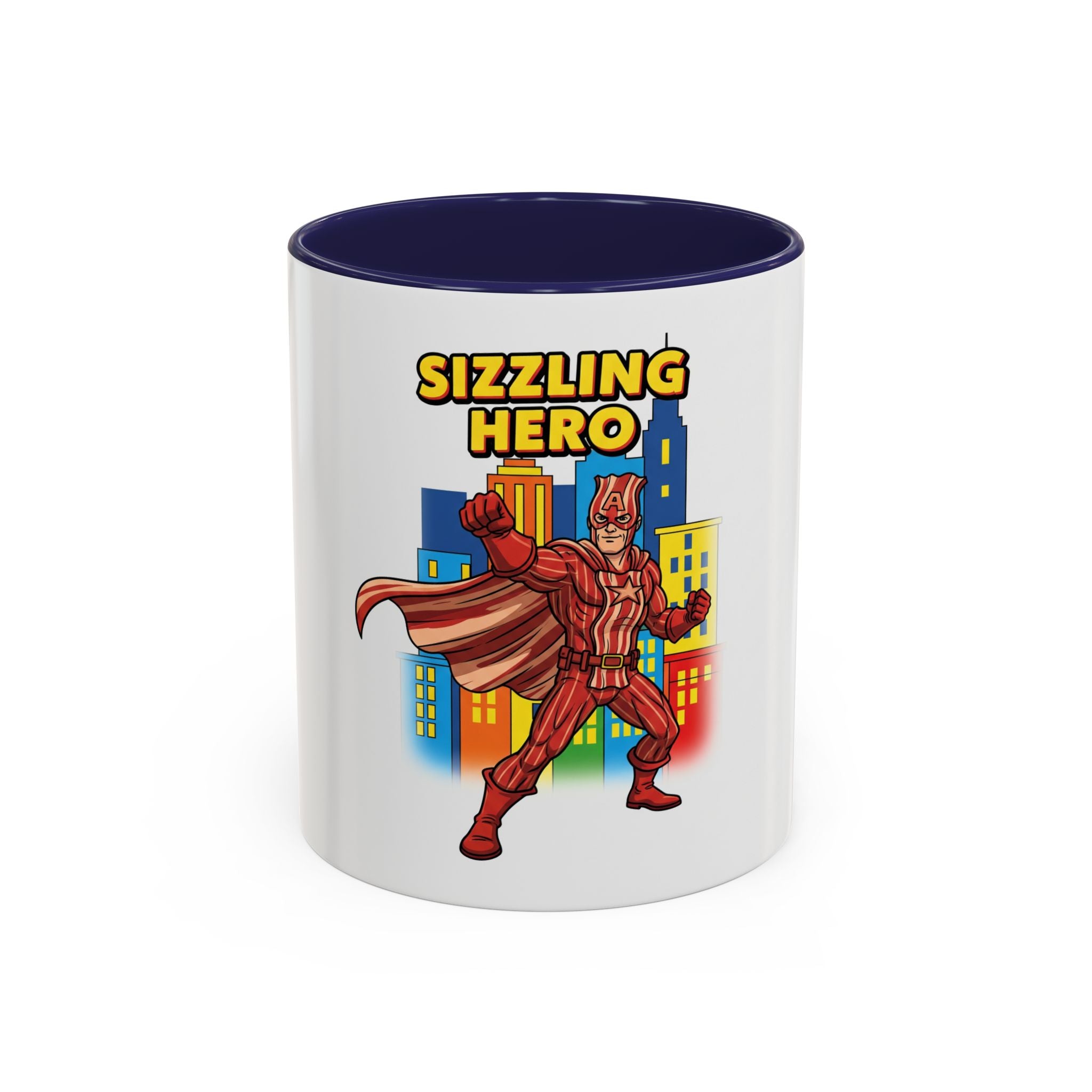 Sizzling Hero Mug | Accent Coffee Mug 11oz 15oz, Superhero City Design