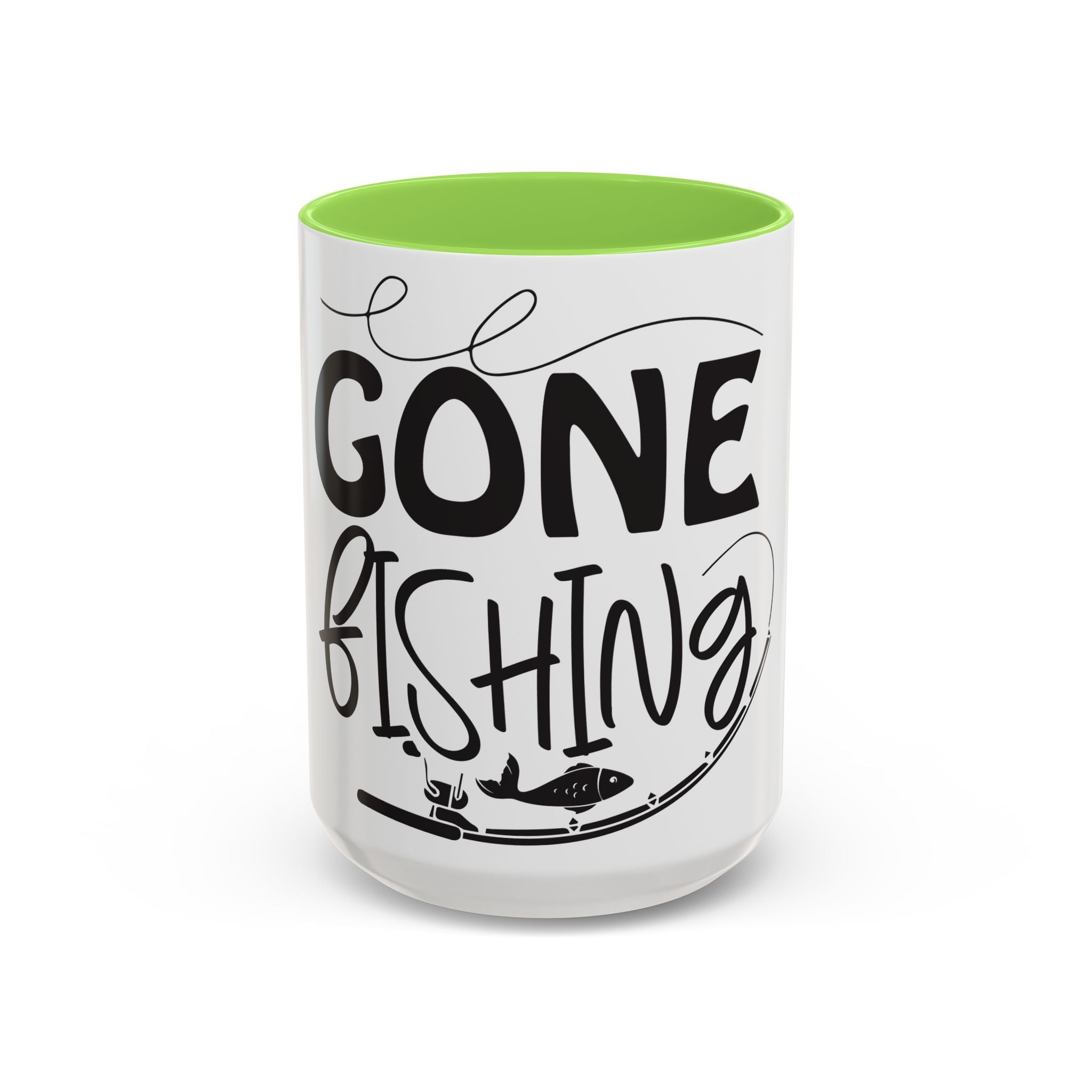 Gone Fishing mug | Fishing typography coffee mug, black handle and rim