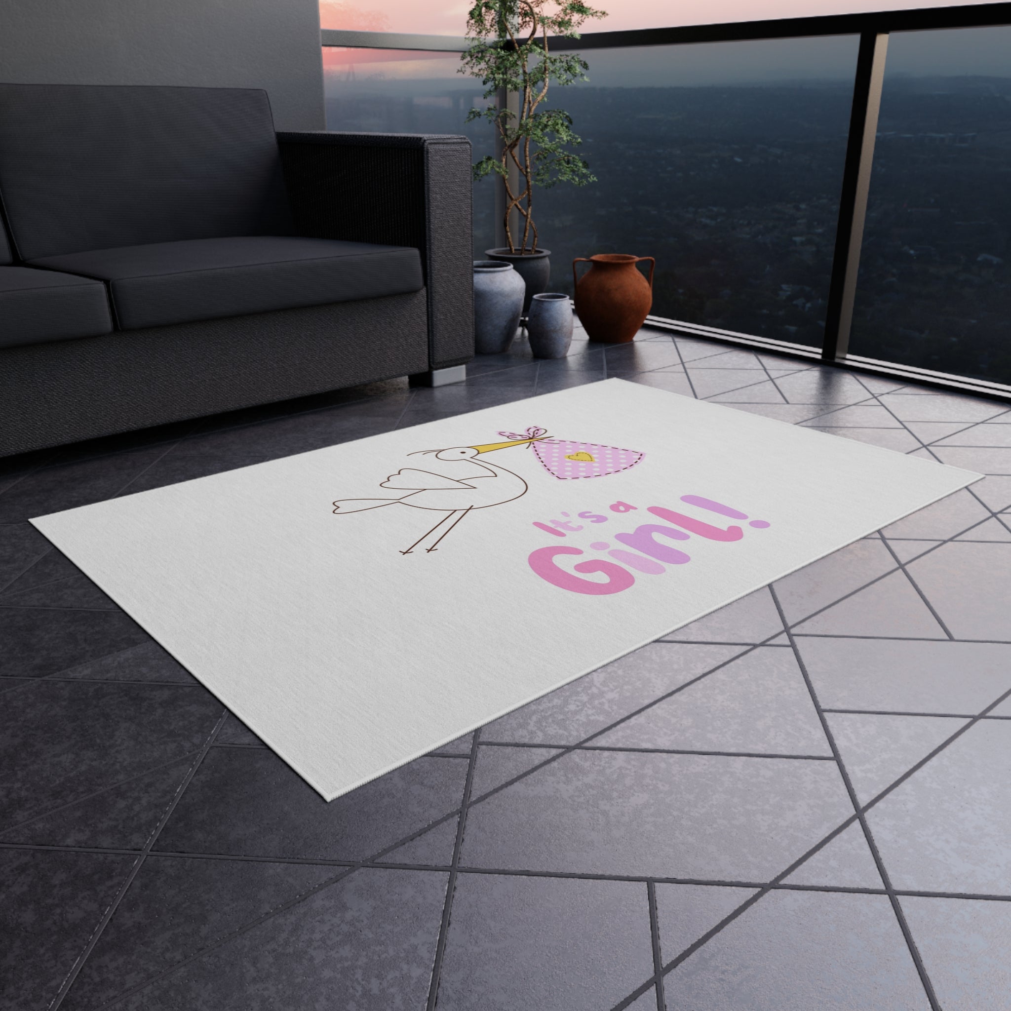 Stork with Bundle It's a Girl Outdoor Rug | Baby Shower Nursery Decor