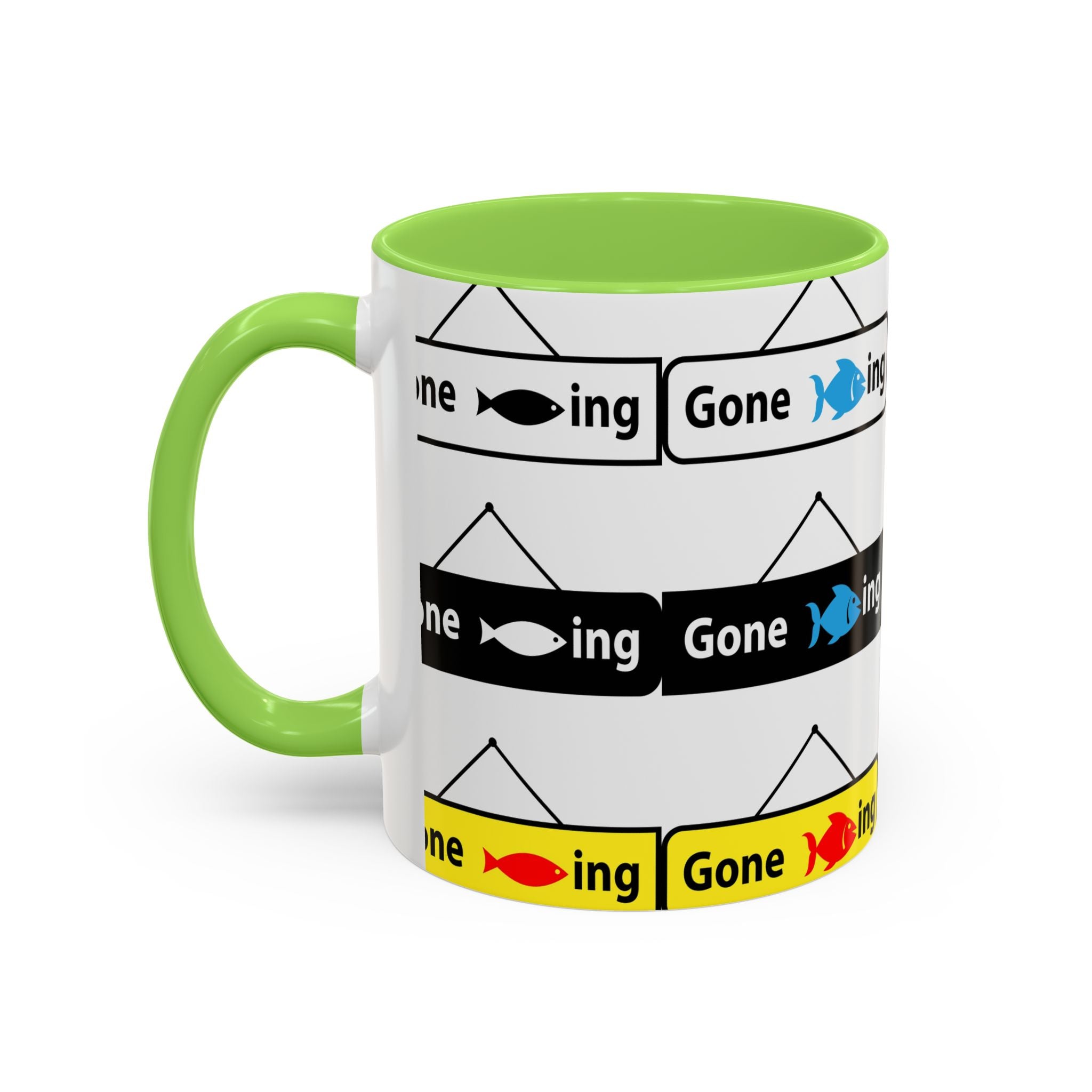 Gone Fishing Mug | Colorful Fish Sign Repeat Pattern, 11oz 15oz