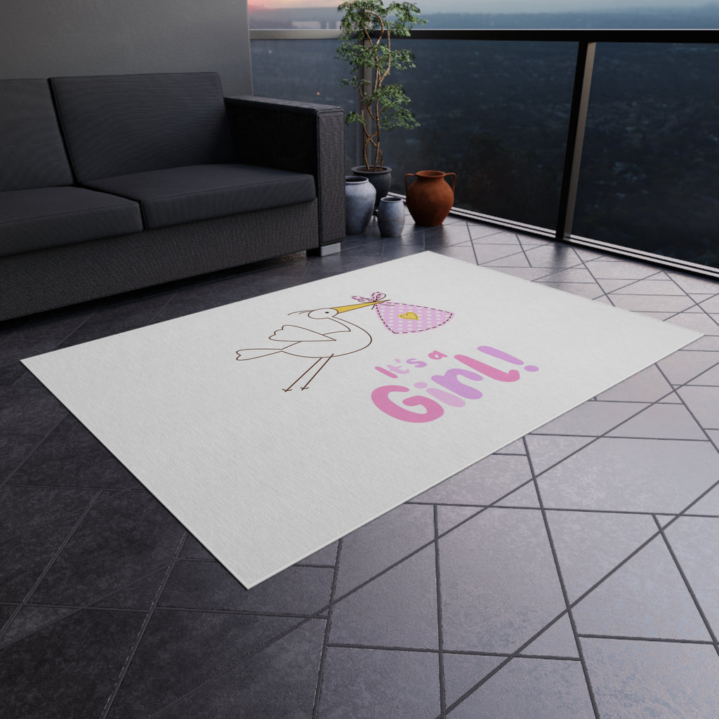 Stork with Bundle It's a Girl Outdoor Rug | Baby Shower Nursery Decor
