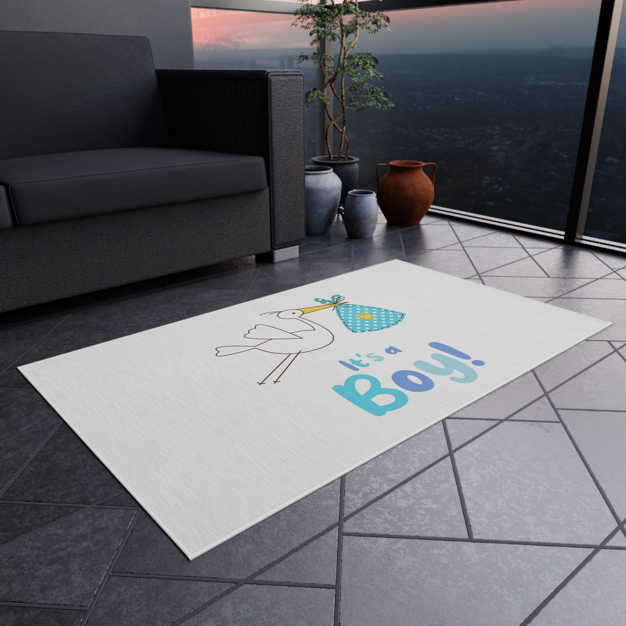 It's a Boy stork illustration Outdoor Rug | baby shower nursery decor