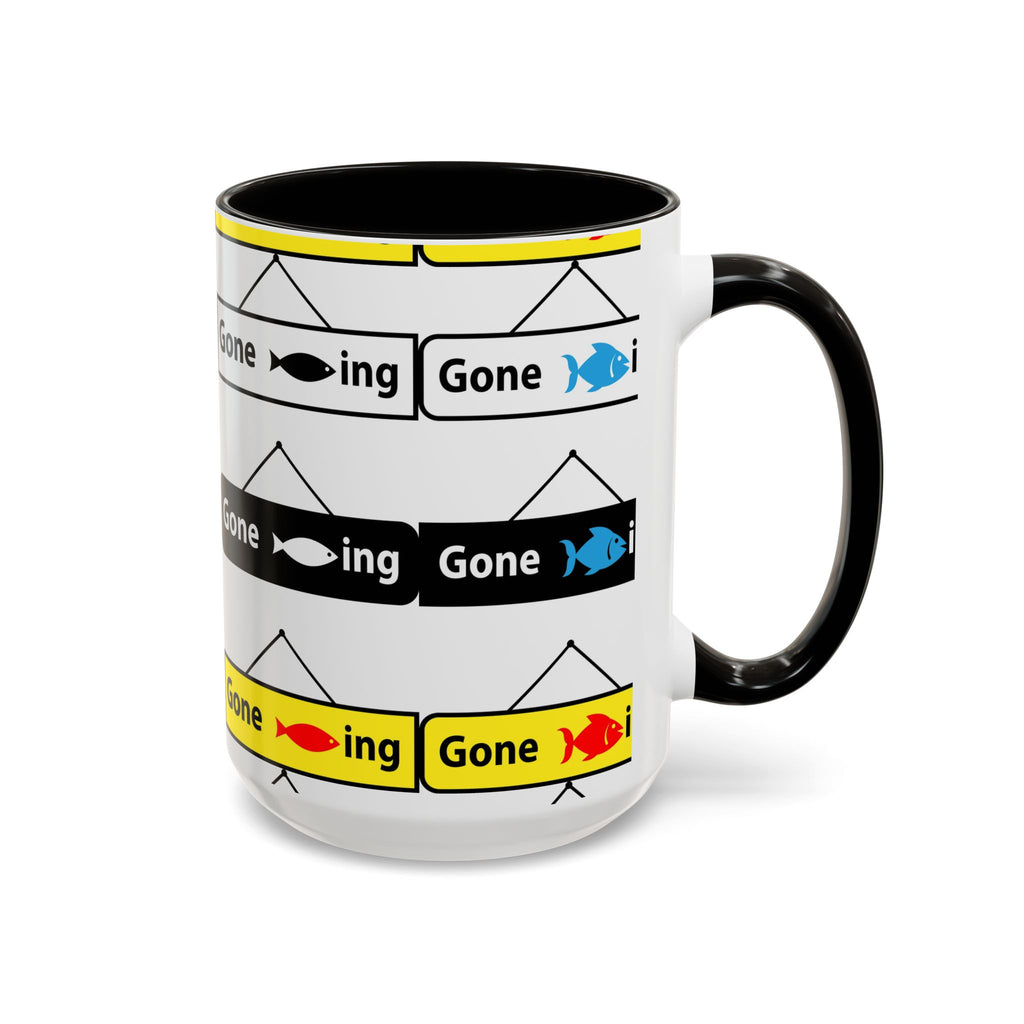 Gone Fishing Mug | Colorful Fish Sign Repeat Pattern, 11oz 15oz