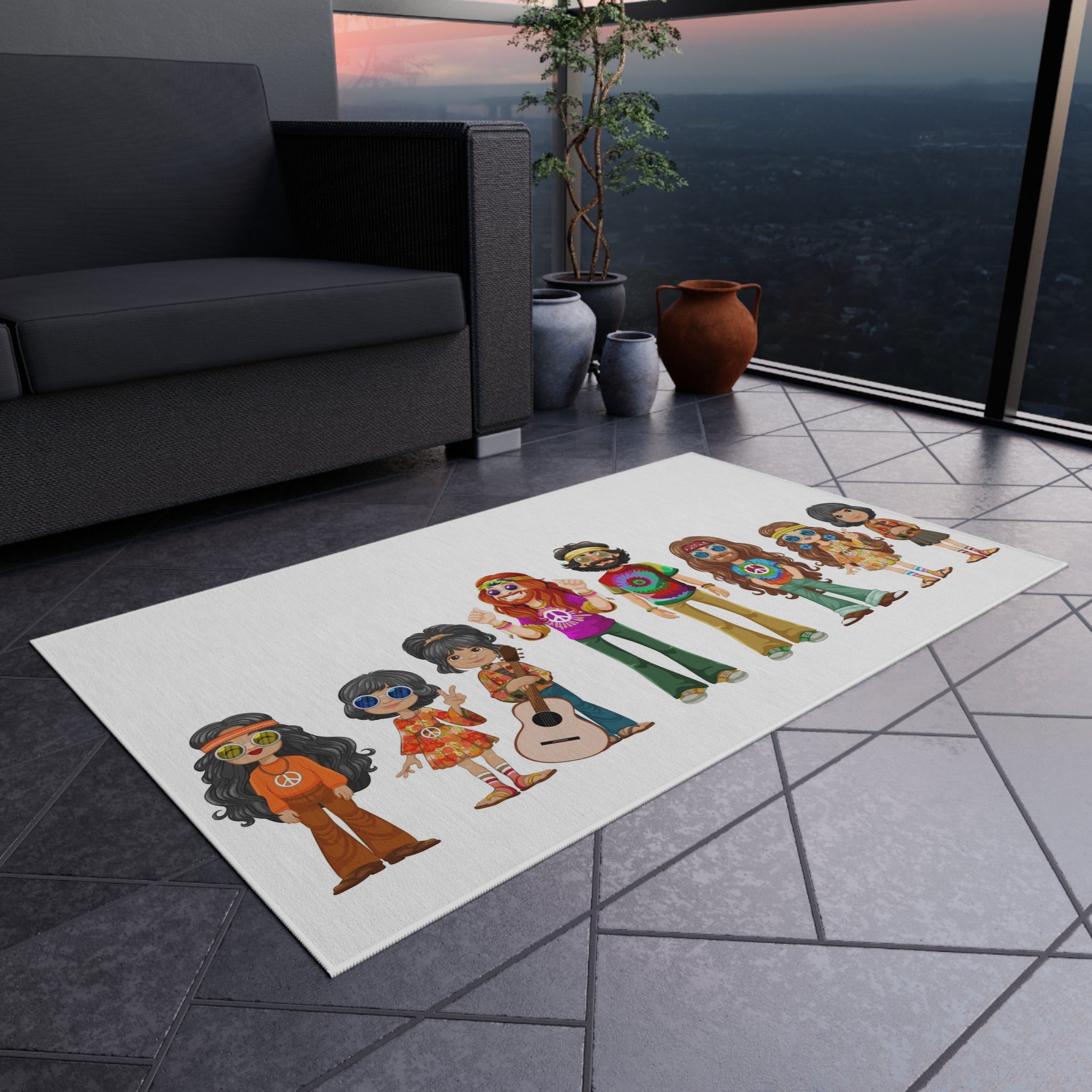 Retro Hippie Family Crew Outdoor Rug | Boho Music Festival Characters