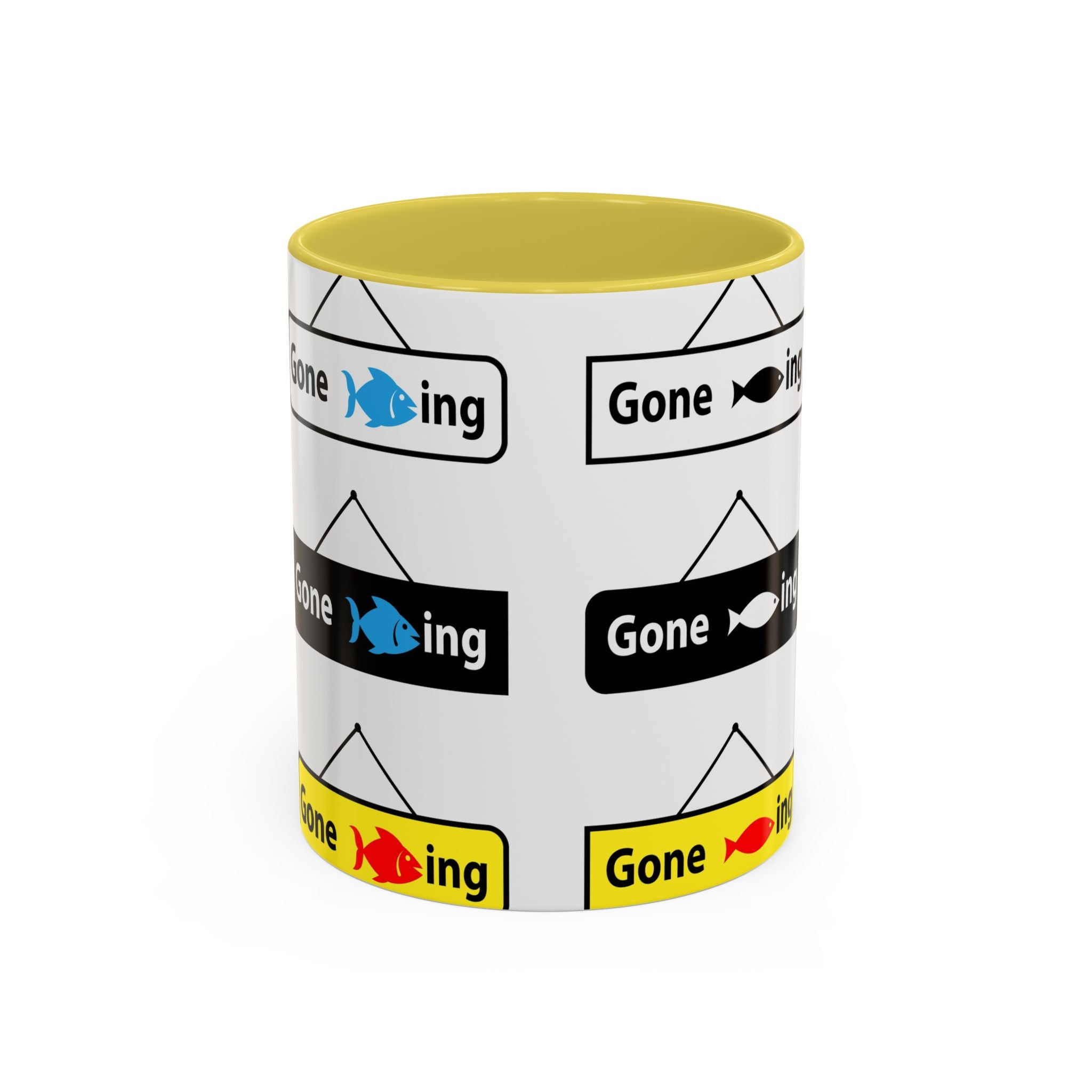 Gone Fishing Mug | Colorful Fish Sign Repeat Pattern, 11oz 15oz