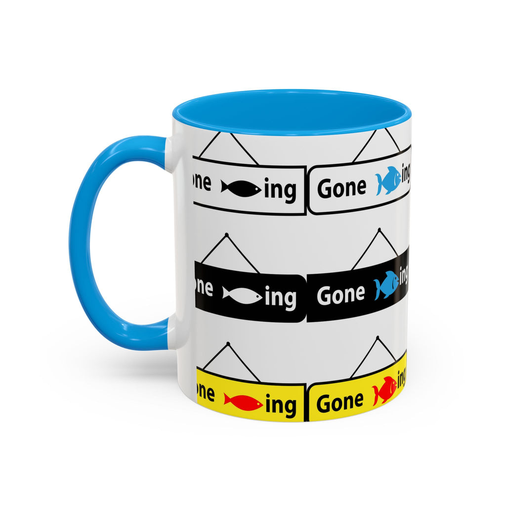Gone Fishing Mug | Colorful Fish Sign Repeat Pattern, 11oz 15oz