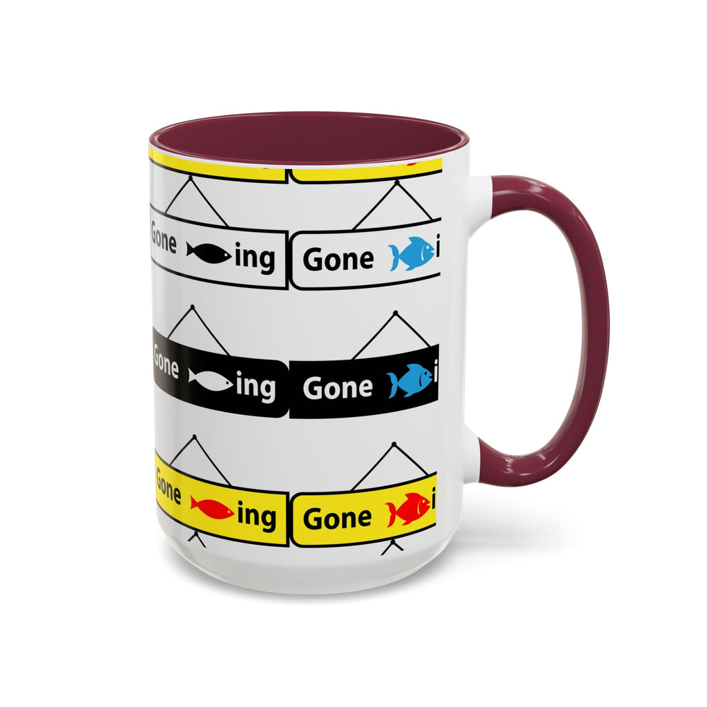 Gone Fishing Mug | Colorful Fish Sign Repeat Pattern, 11oz 15oz