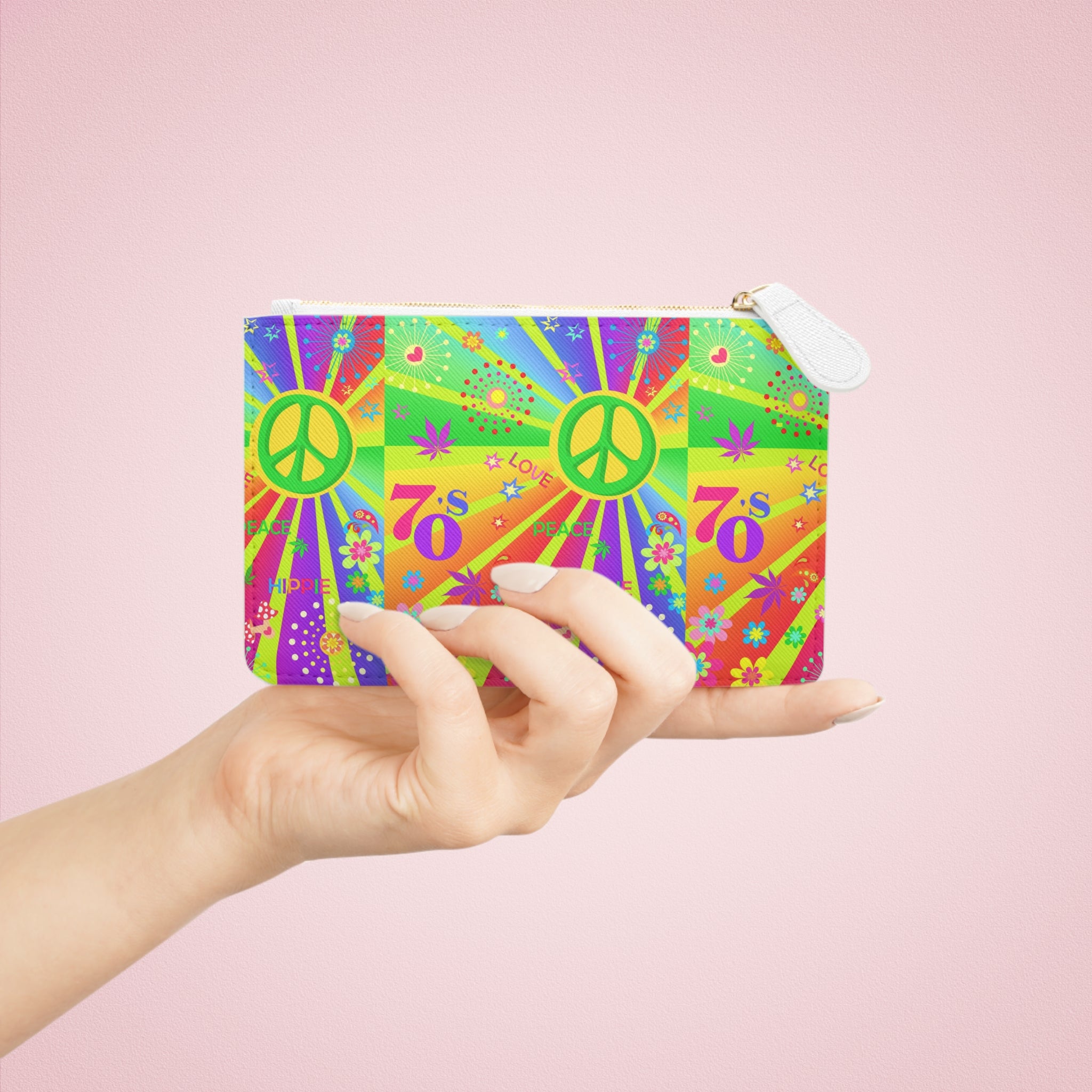 70s Hippie Peace Sign Mini Clutch Bag | Retro Psychedelic Floral Pattern