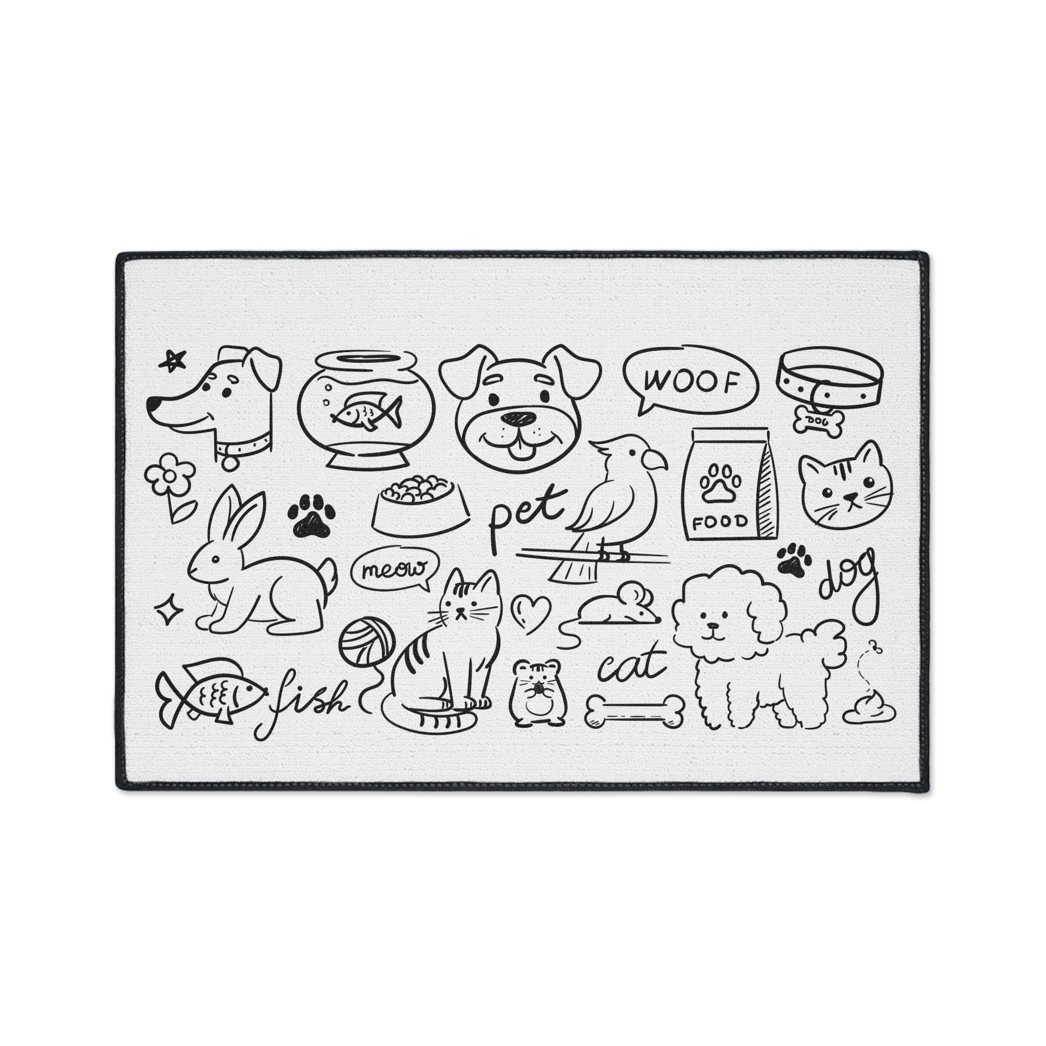 Hand Drawn Pet Doodles Heavy Duty Floor Mat | Dog Cat Rabbit Fish Bird