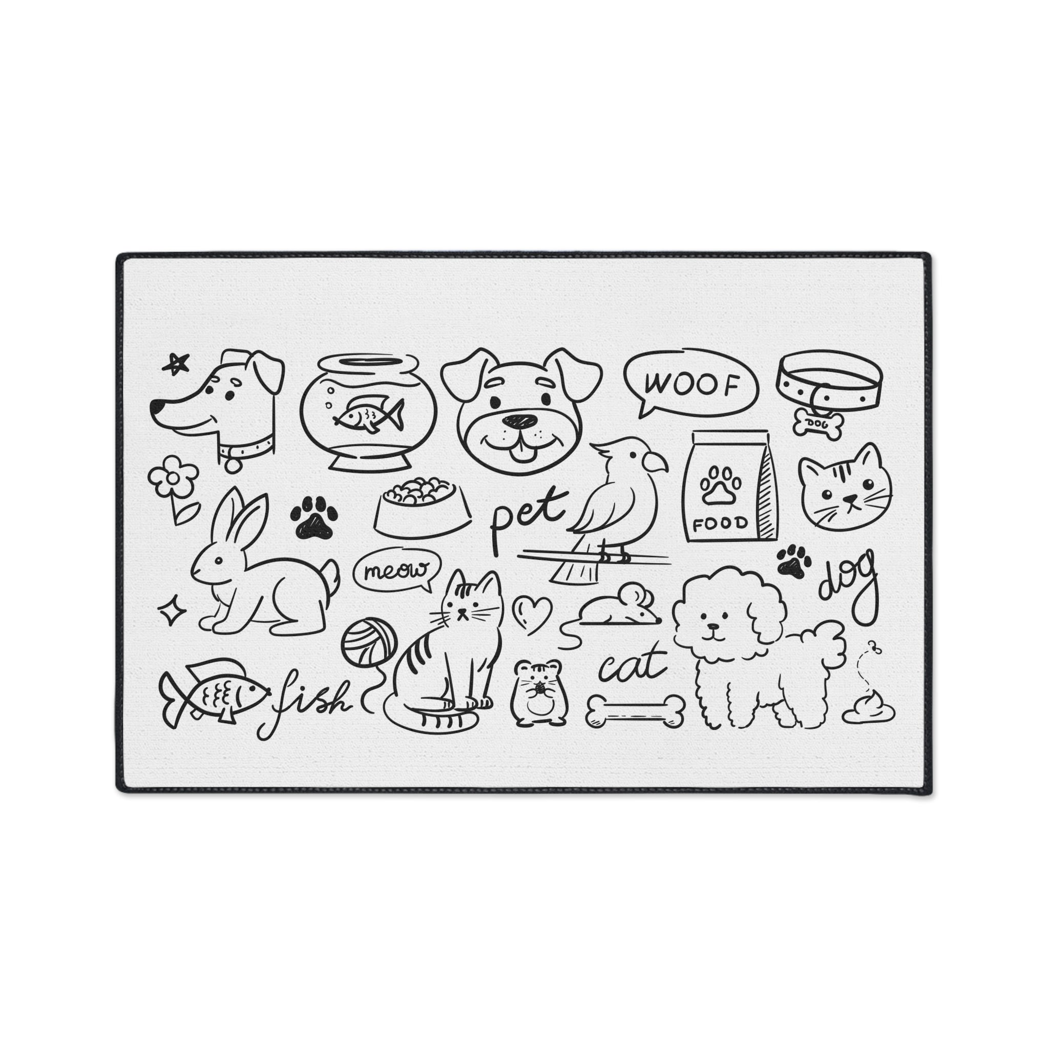 Hand Drawn Pet Doodles Heavy Duty Floor Mat | Dog Cat Rabbit Fish Bird