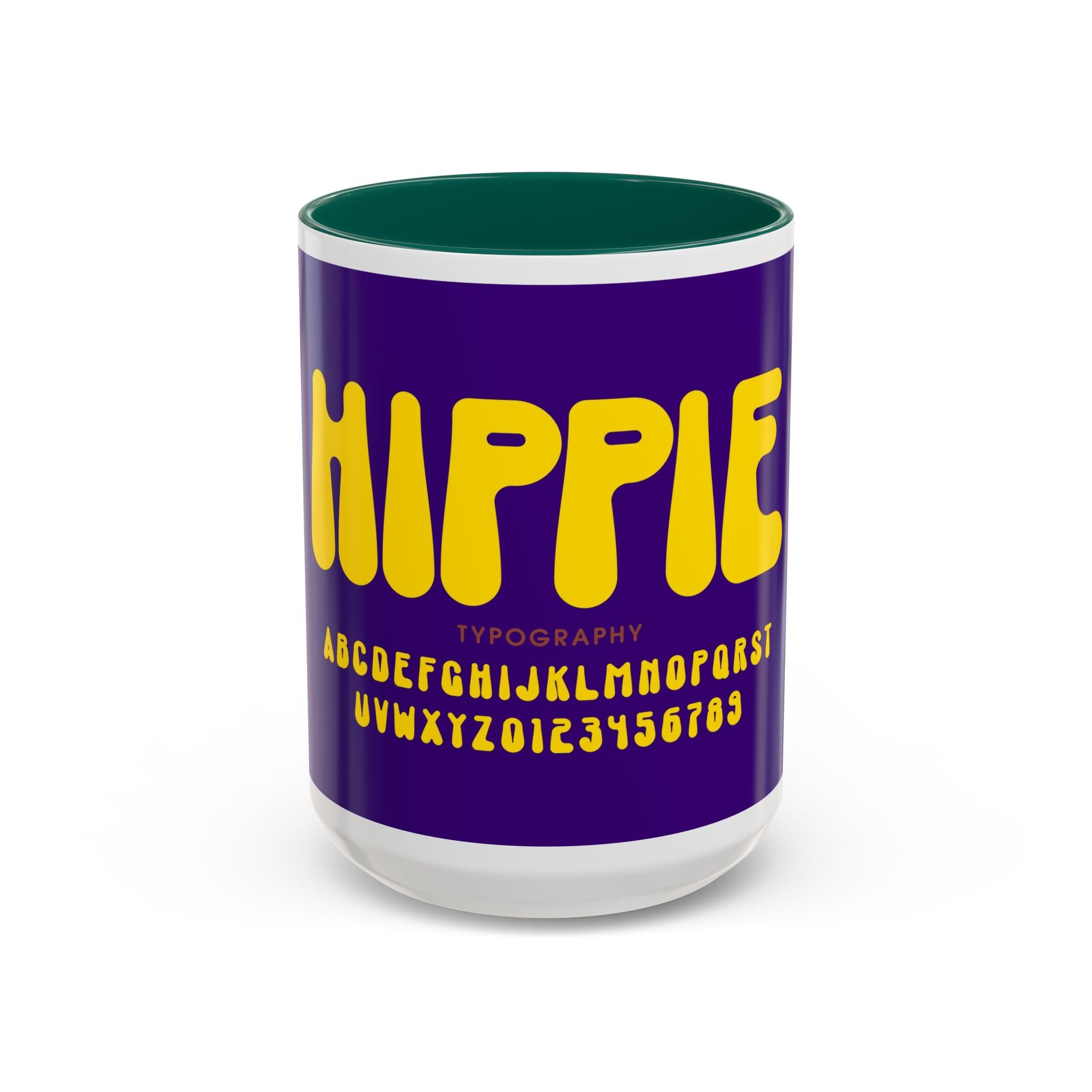 Hippie Typography Mug | Retro 70s Bubble Letters, Purple Yellow 11oz 15oz