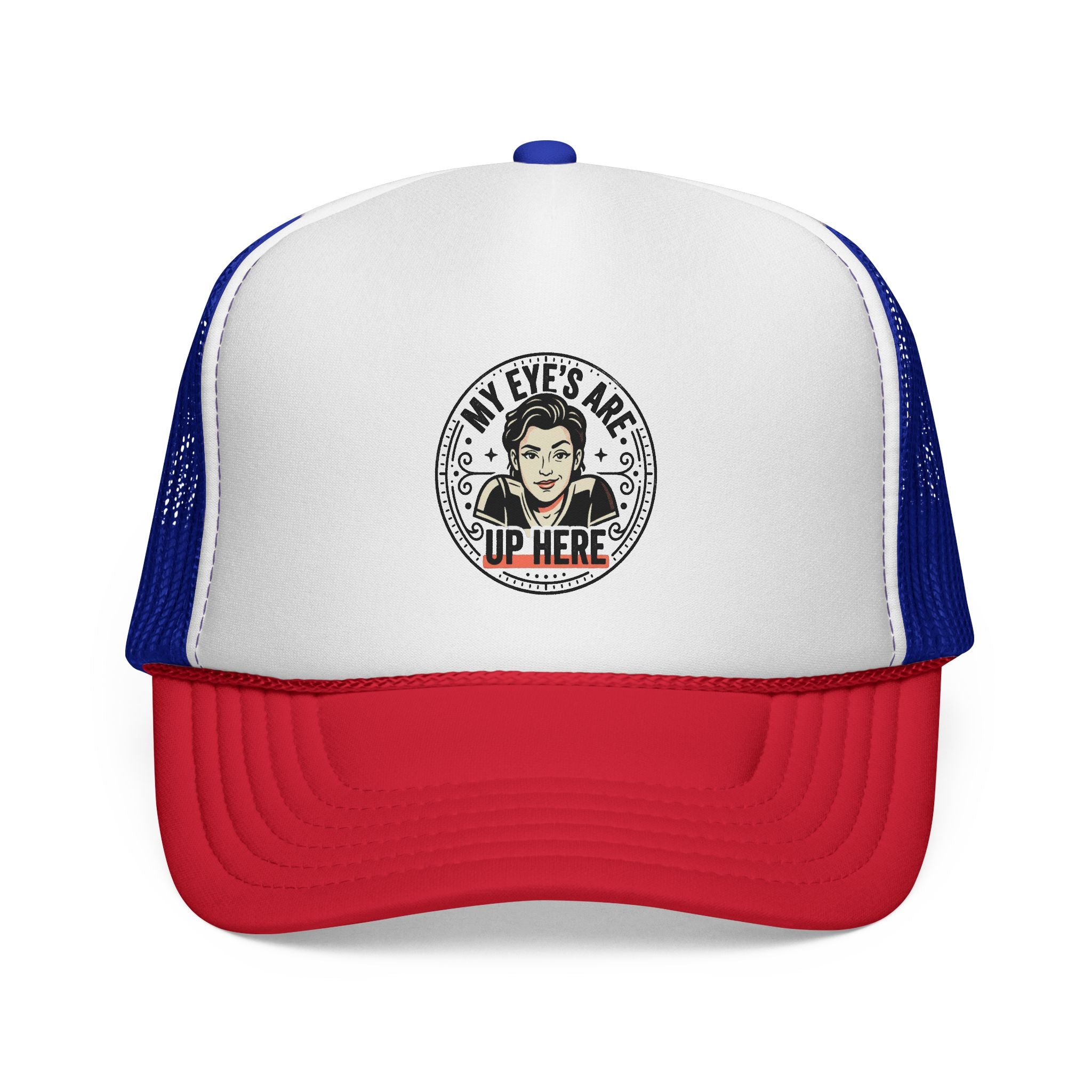 My Eyes Are Up Here Trucker Cap | Retro Woman Graphic