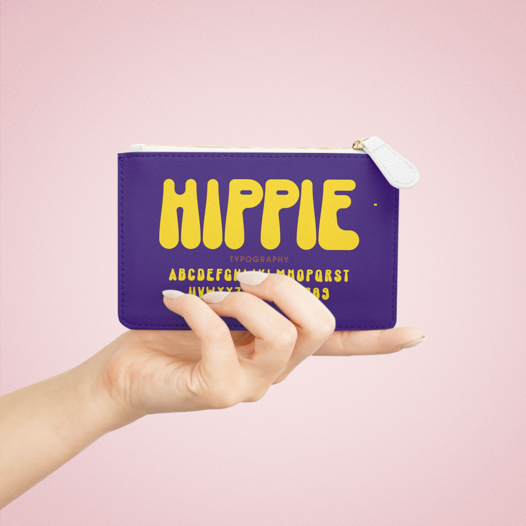 Hippie Typography Mini Clutch Bag | Retro Yellow Letters on Purple