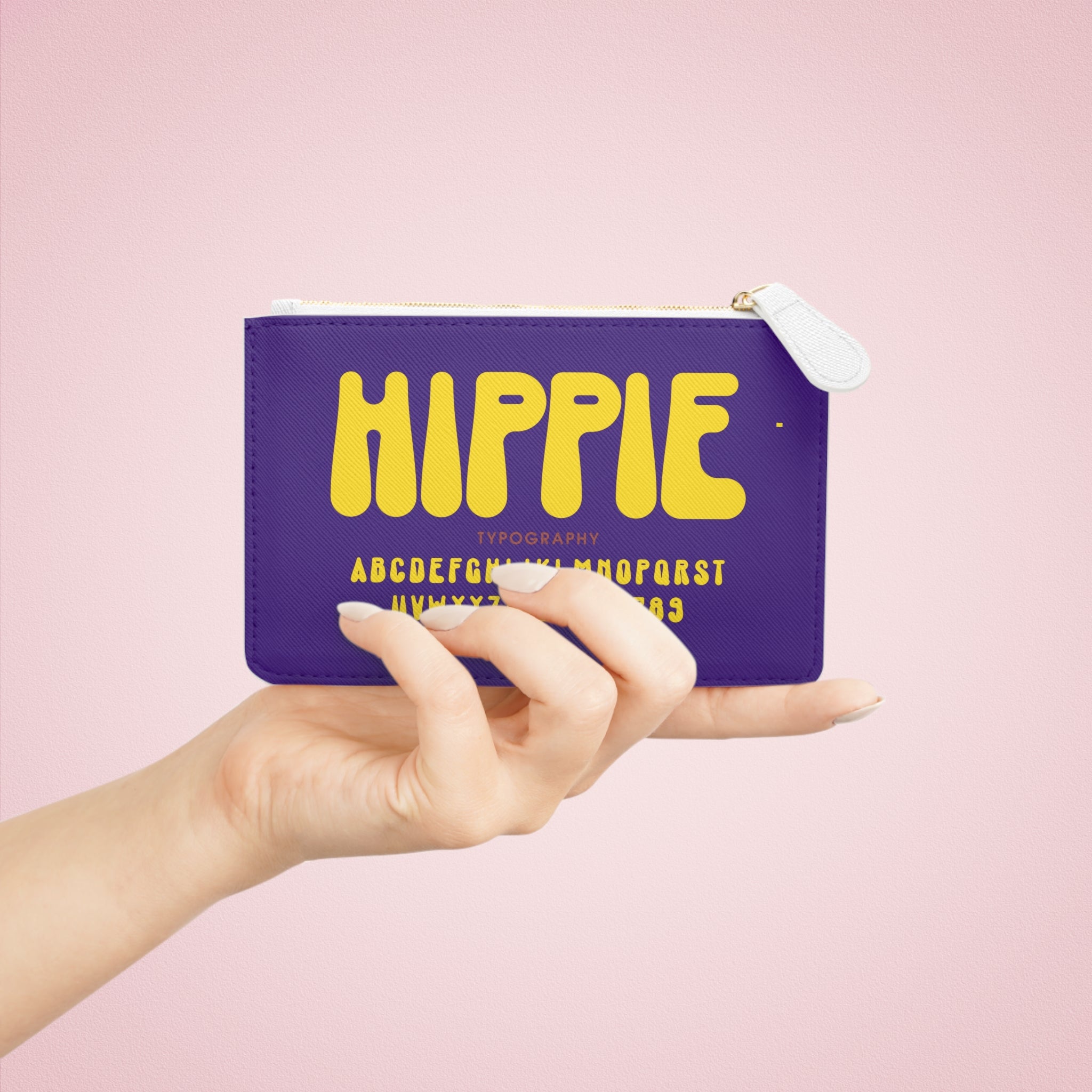 Hippie Typography Mini Clutch Bag | Retro Yellow Letters on Purple