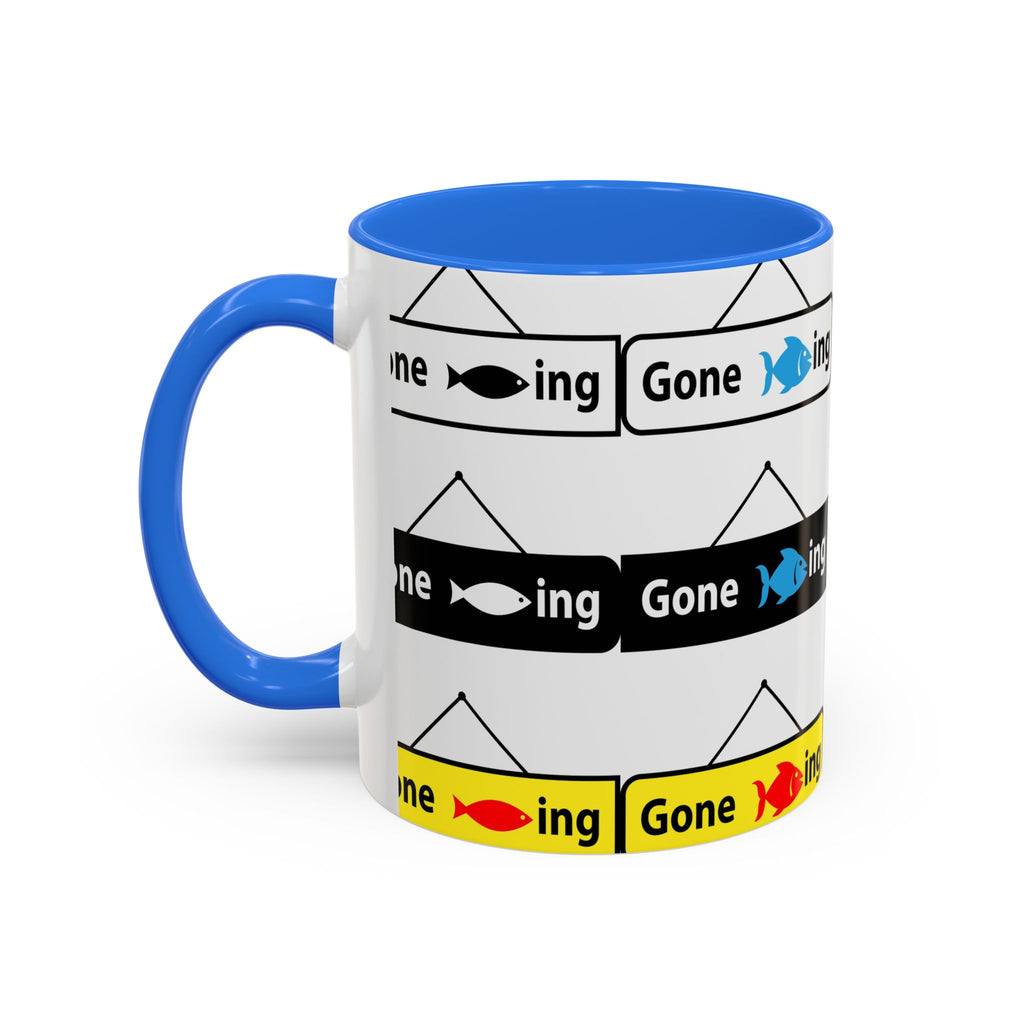 Gone Fishing Mug | Colorful Fish Sign Repeat Pattern, 11oz 15oz