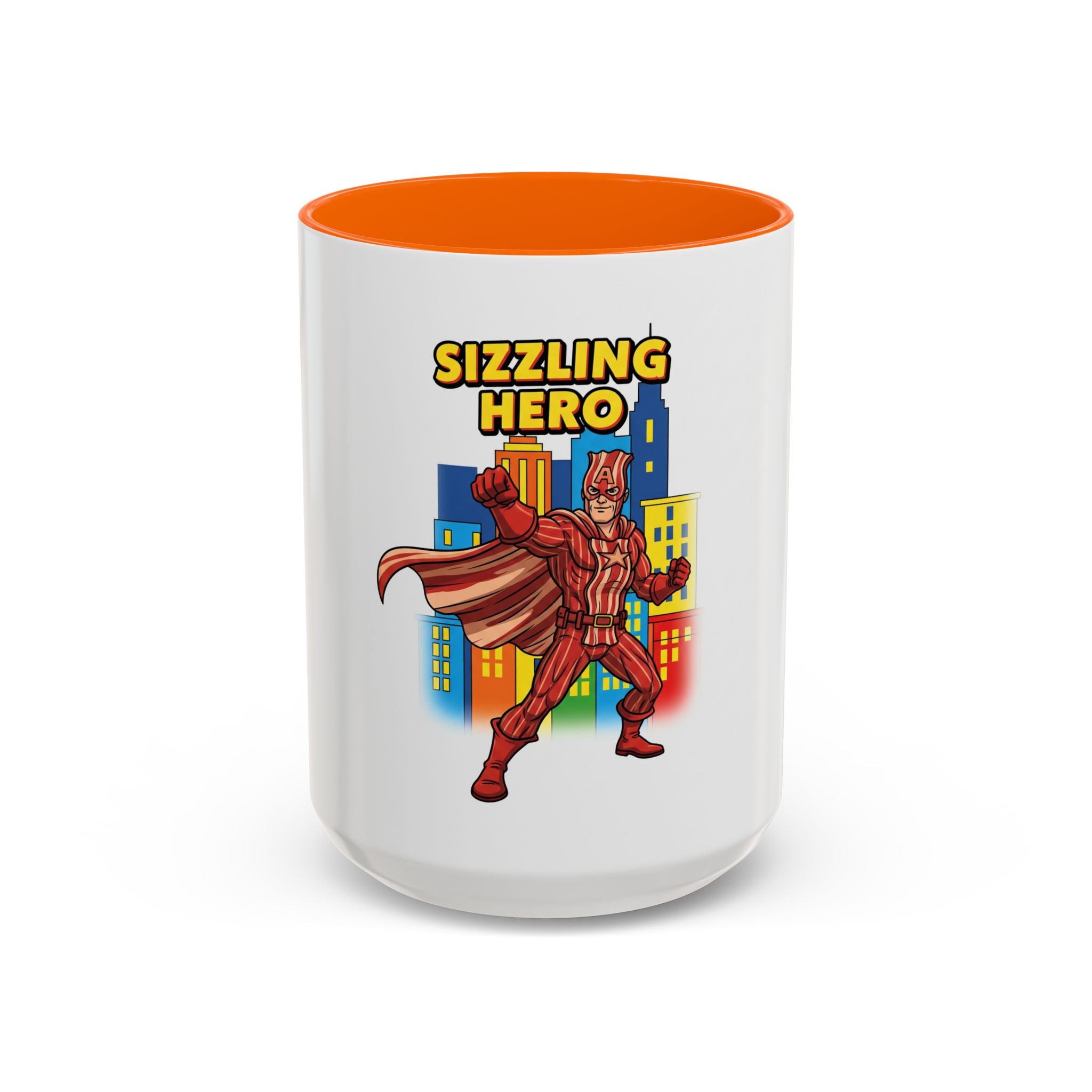 Sizzling Hero Mug | Accent Coffee Mug 11oz 15oz, Superhero City Design
