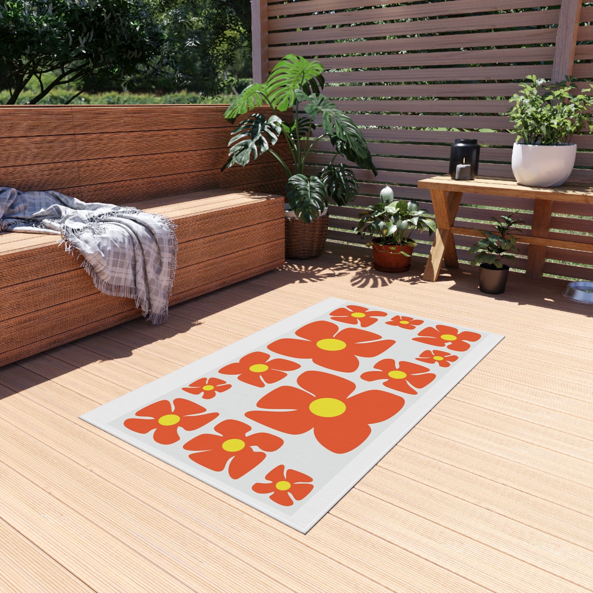 Retro Orange Flower Pattern Outdoor Rug | Mid Century Floral Patio Mat